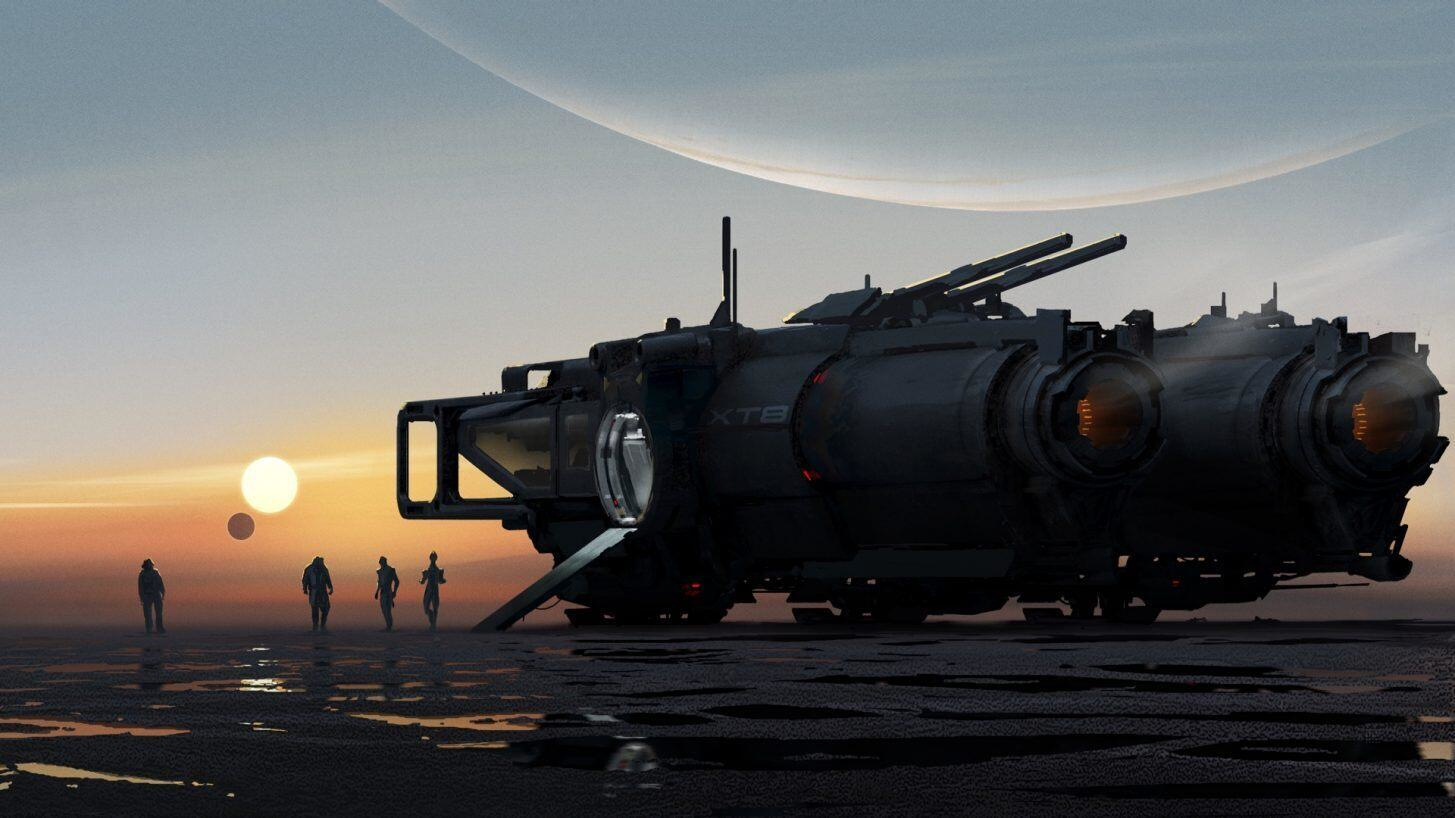 Una gran nave espacial futurista aterriza en un planeta alienígena mientras cuatro personas observan al atardecer.