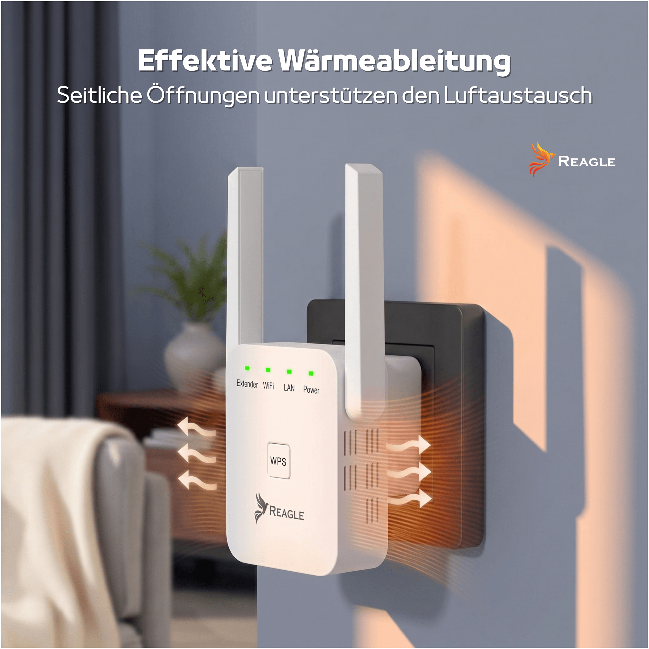 Biały wzmacniacz Wi-Fi w gniazdku, z pomarańczowymi falami odprowadzania ciepła.