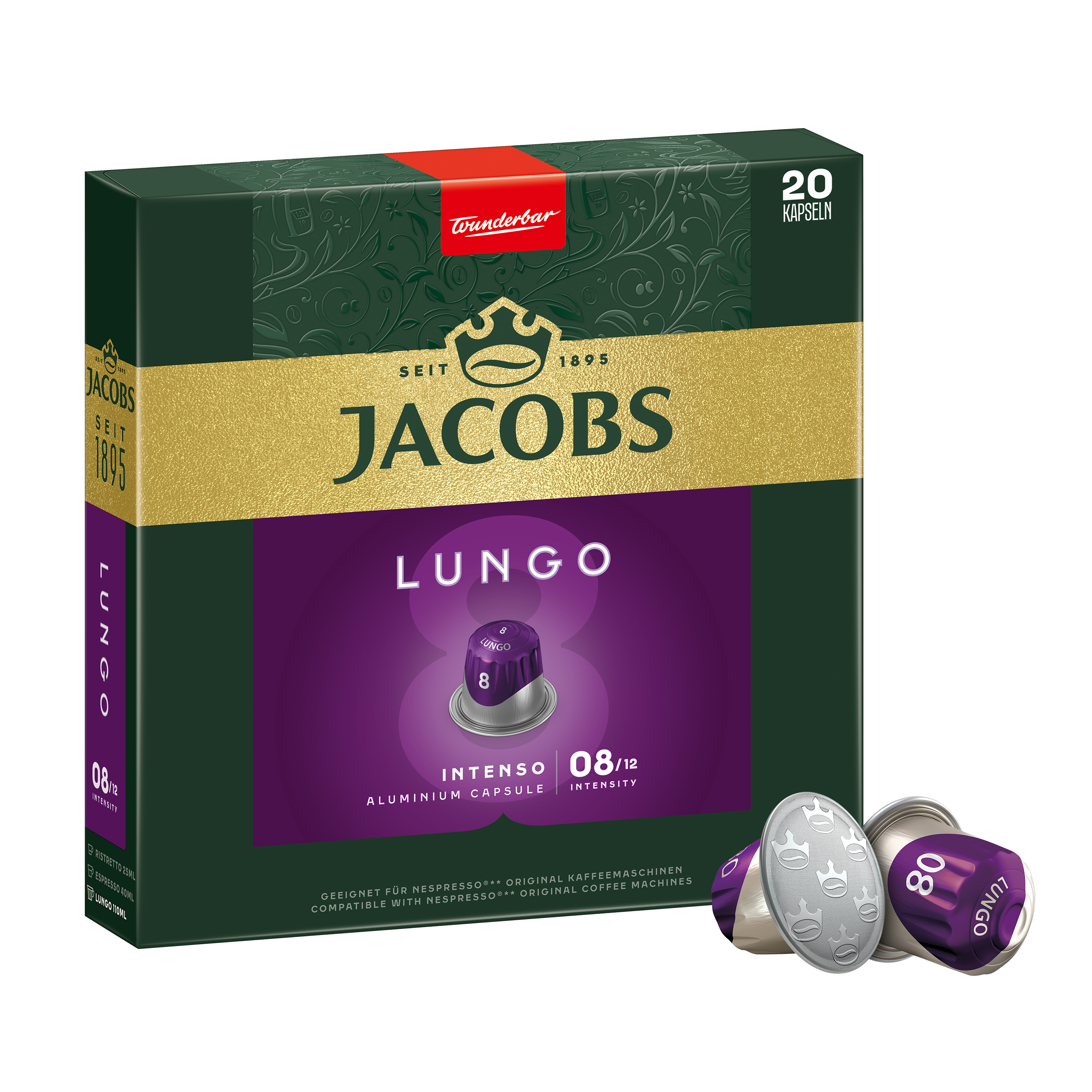 Grüne Jacobs Lungo Intenso Kaffeekapselverpackung mit 20 Kapseln und zwei violetten Kapseln davor.