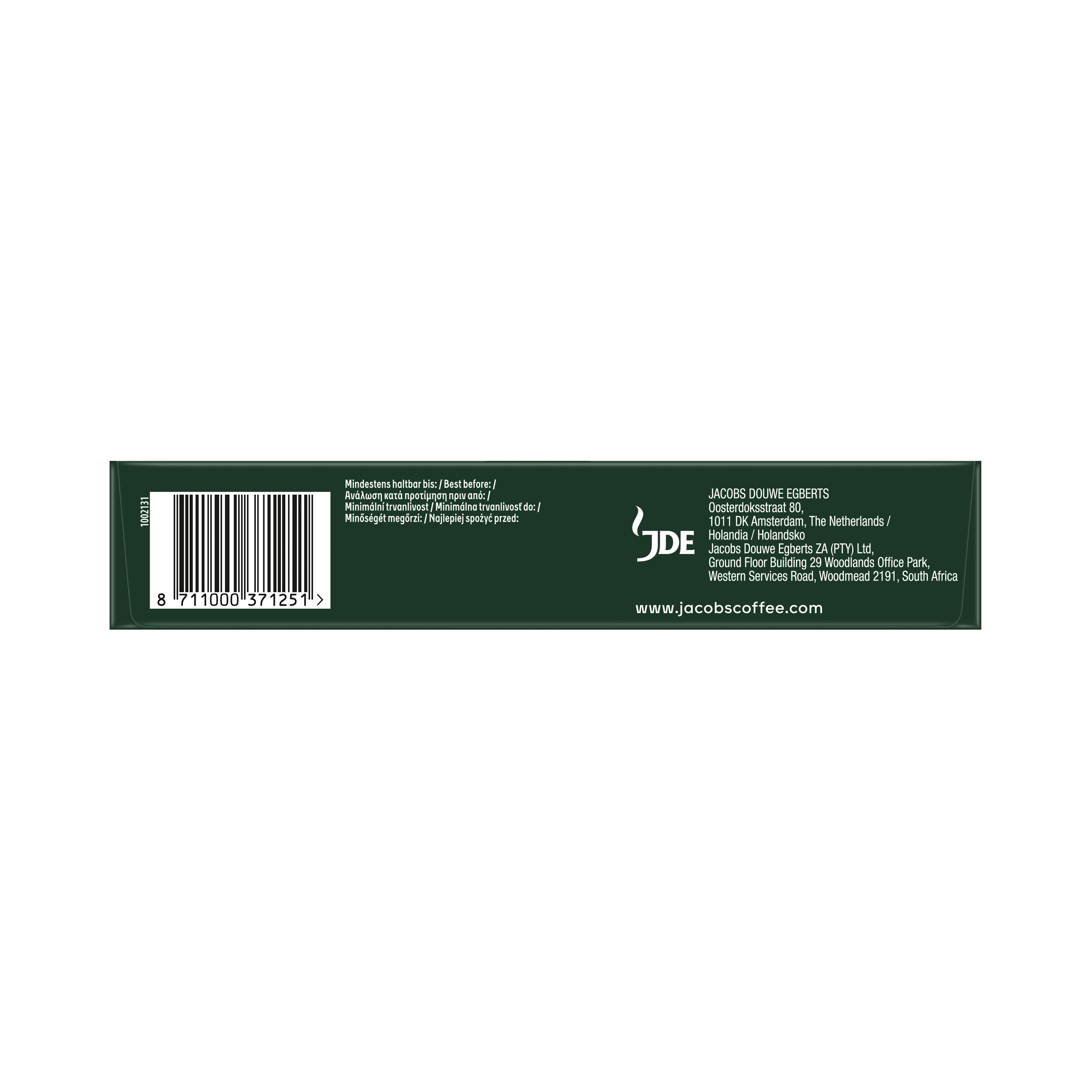 Dunkelgrüne Verpackungsrückseite mit Barcode, JDE-Logo und Firmeninformationen.