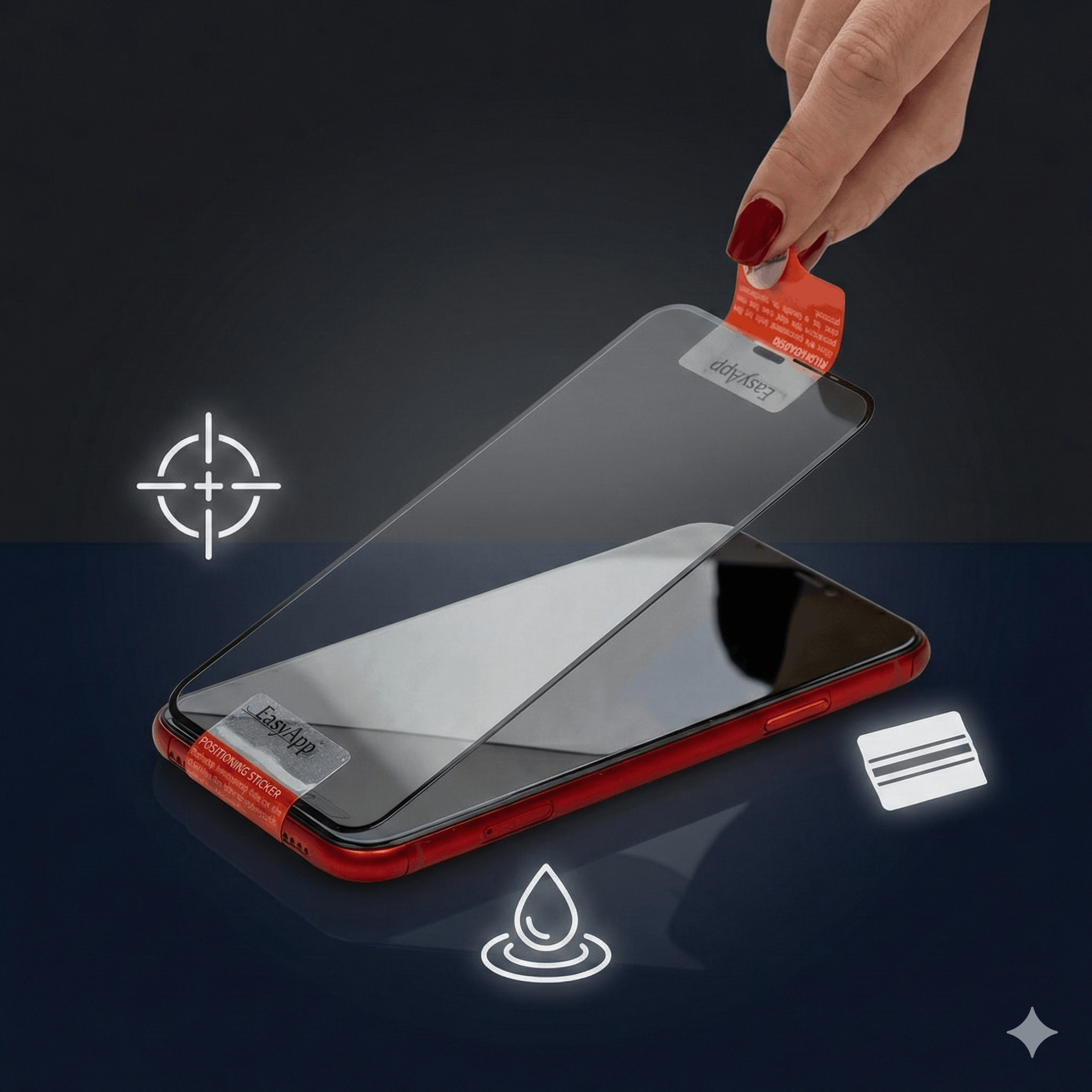 Ręka odkleja folie ochronną, aby nałożyć ją na czerwony smartfon.