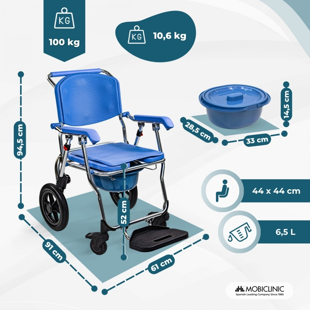 Silla de ruedas con inodoro azul con medidas, 100 kg de peso máximo y cubo extraíble con tapa sobre fondo claro.