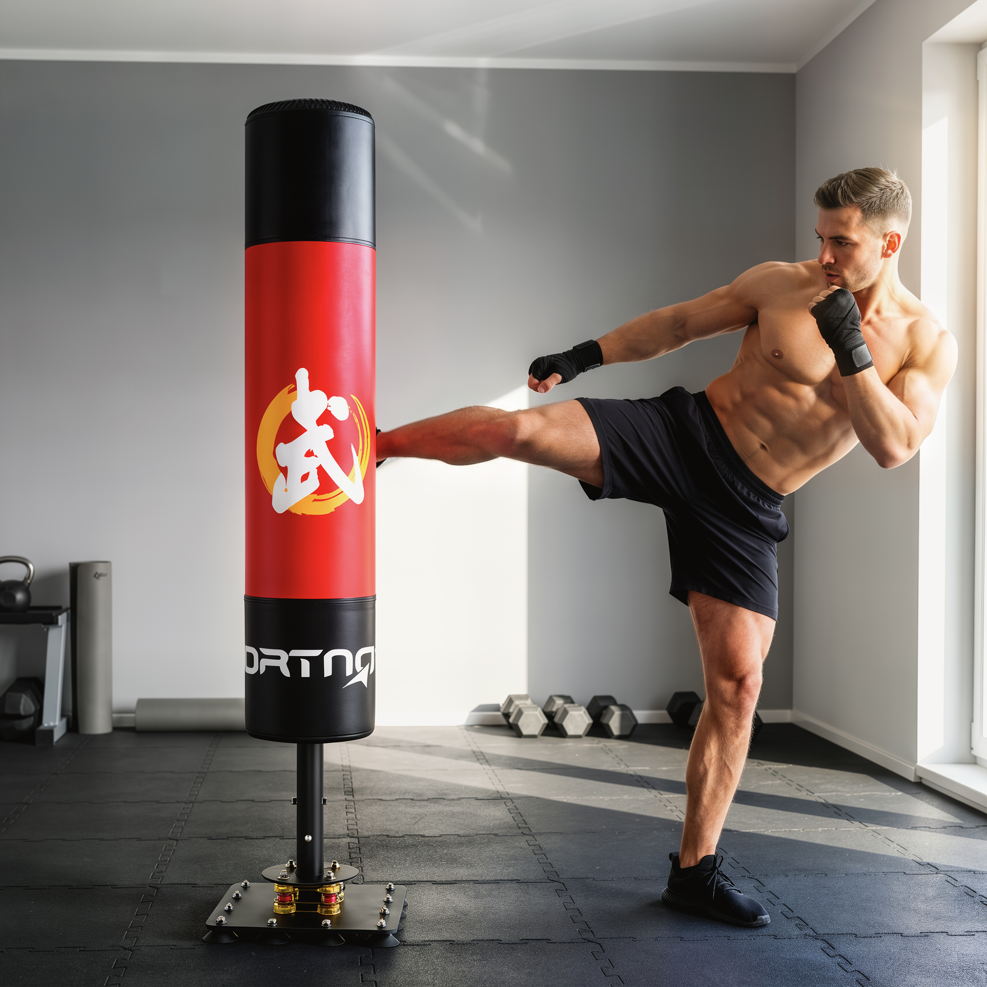 Un hombre musculoso golpea un saco de boxeo grande y negro en un gimnasio.