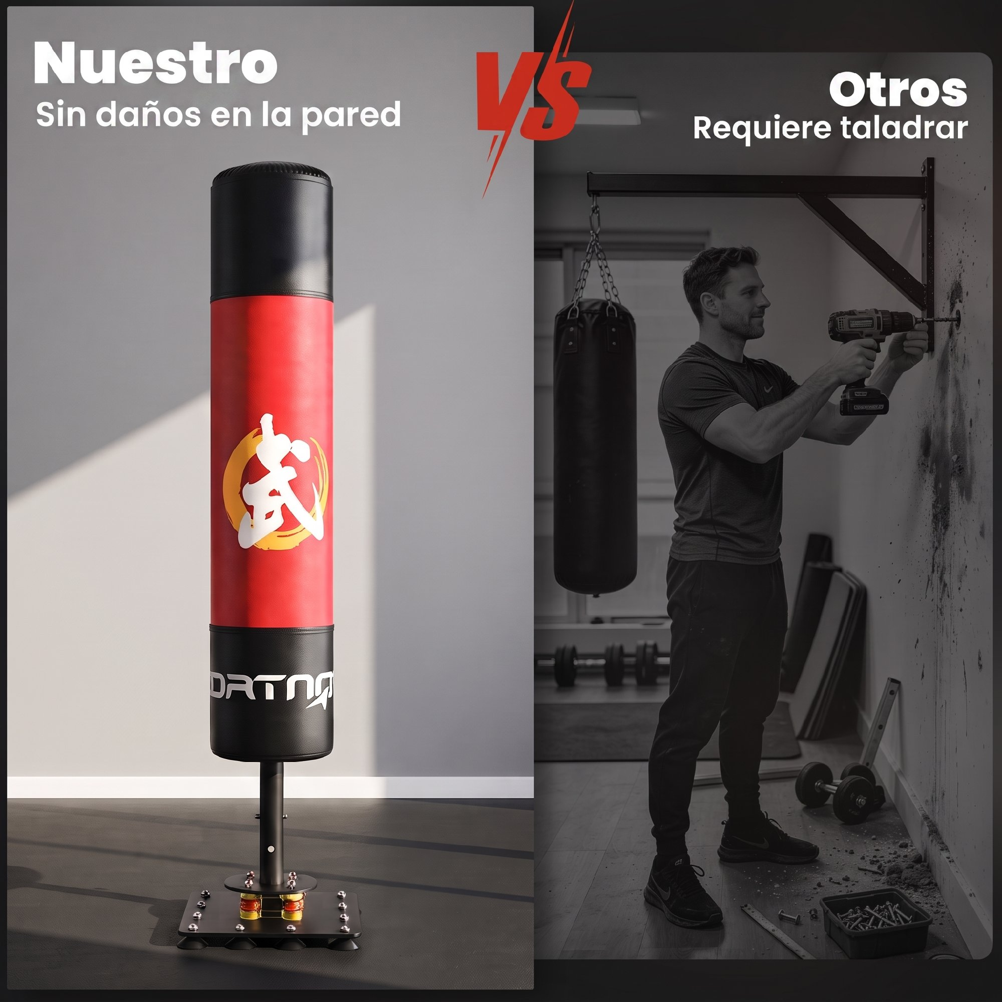 Comparación de dos sacos de boxeo: un modelo independiente a la izquierda y otro montado en la pared que requiere taladro.