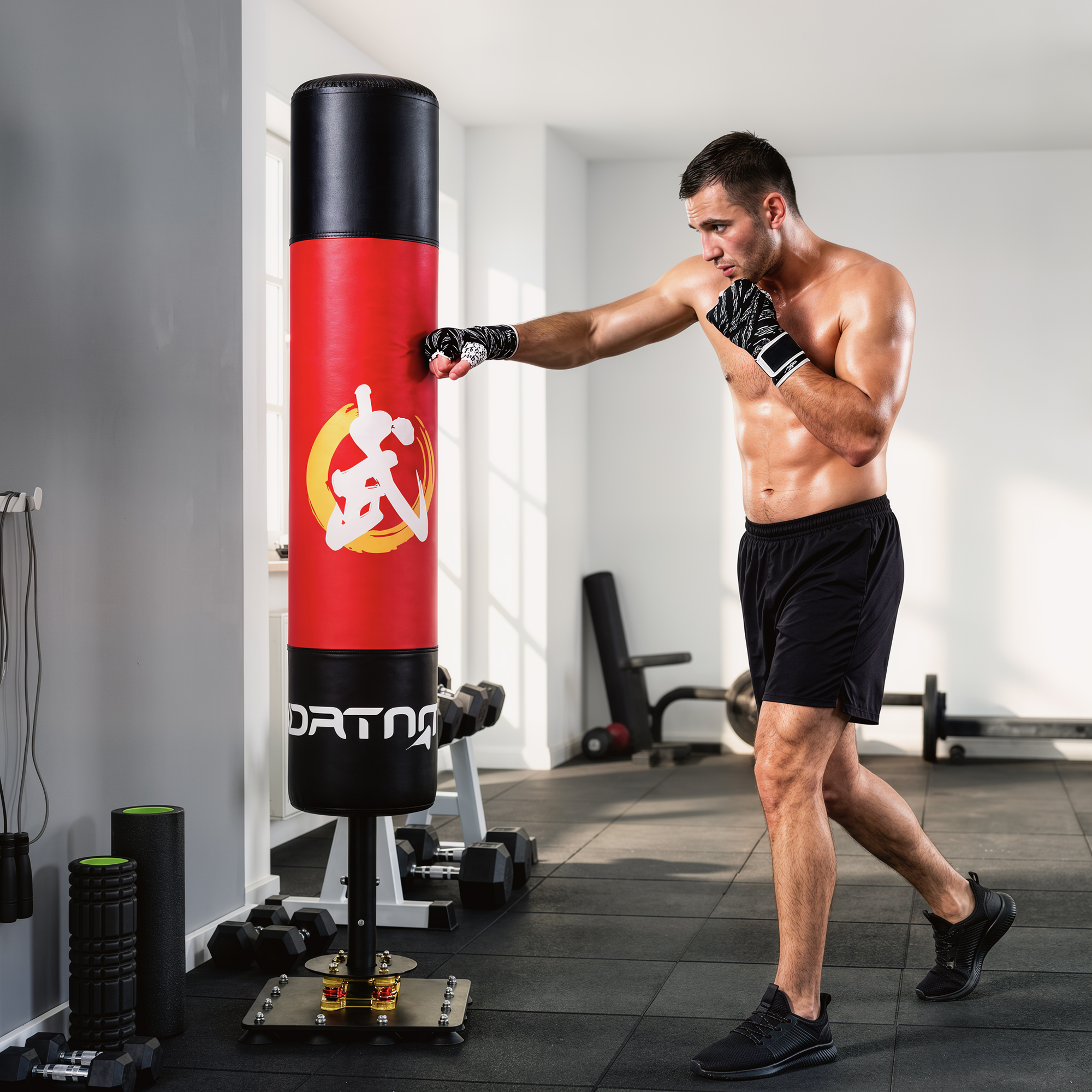 Un hombre musculoso golpea un gran saco de boxeo rojo y negro en un gimnasio moderno.