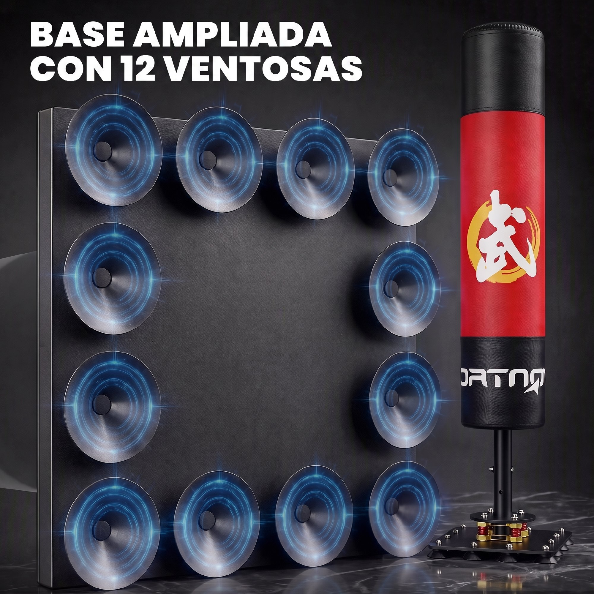 Una base con doce ventosas azules debajo y un saco de boxeo rojo y negro al lado.