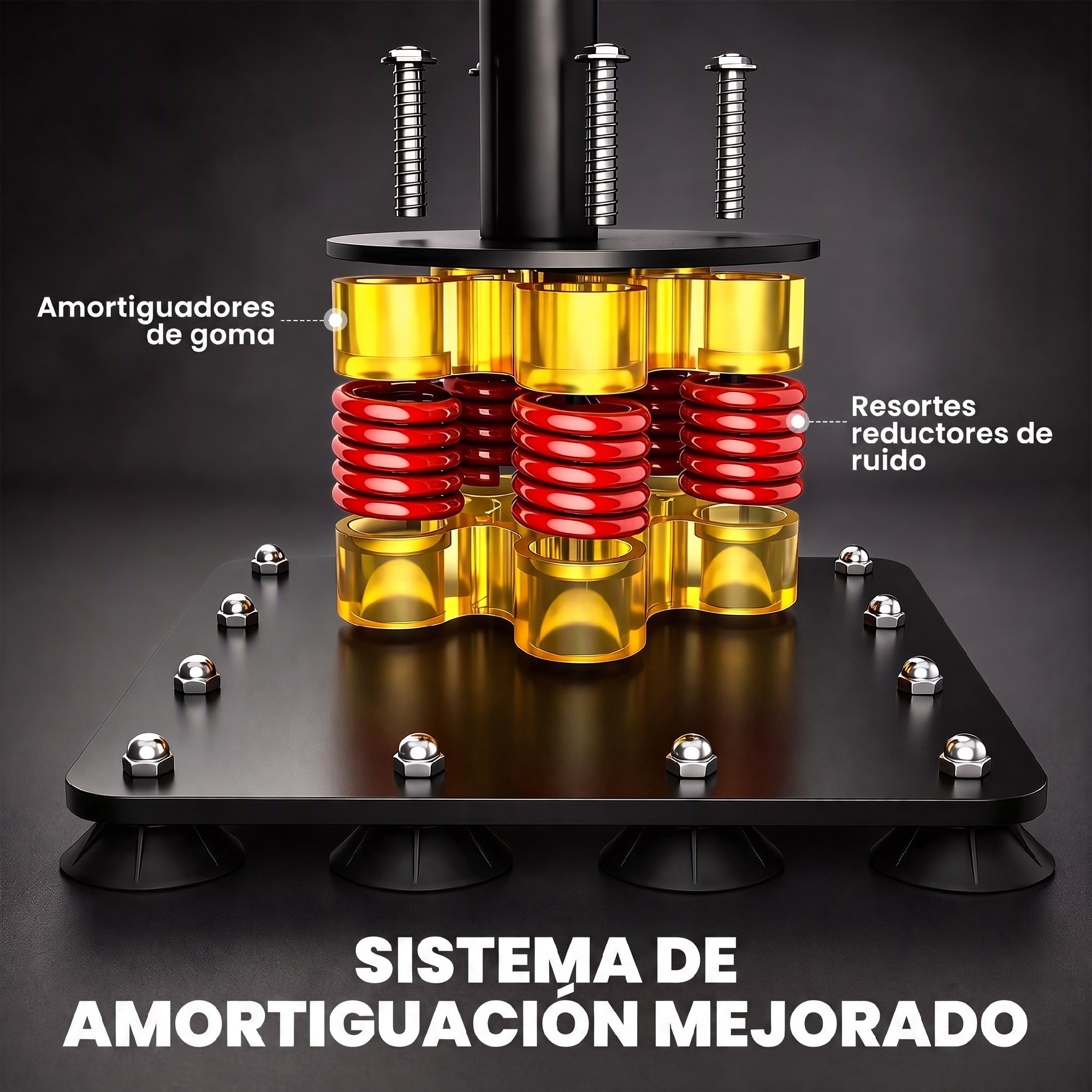 Diagrama de un sistema de amortiguación mejorado con resortes rojos y elementos dorados.