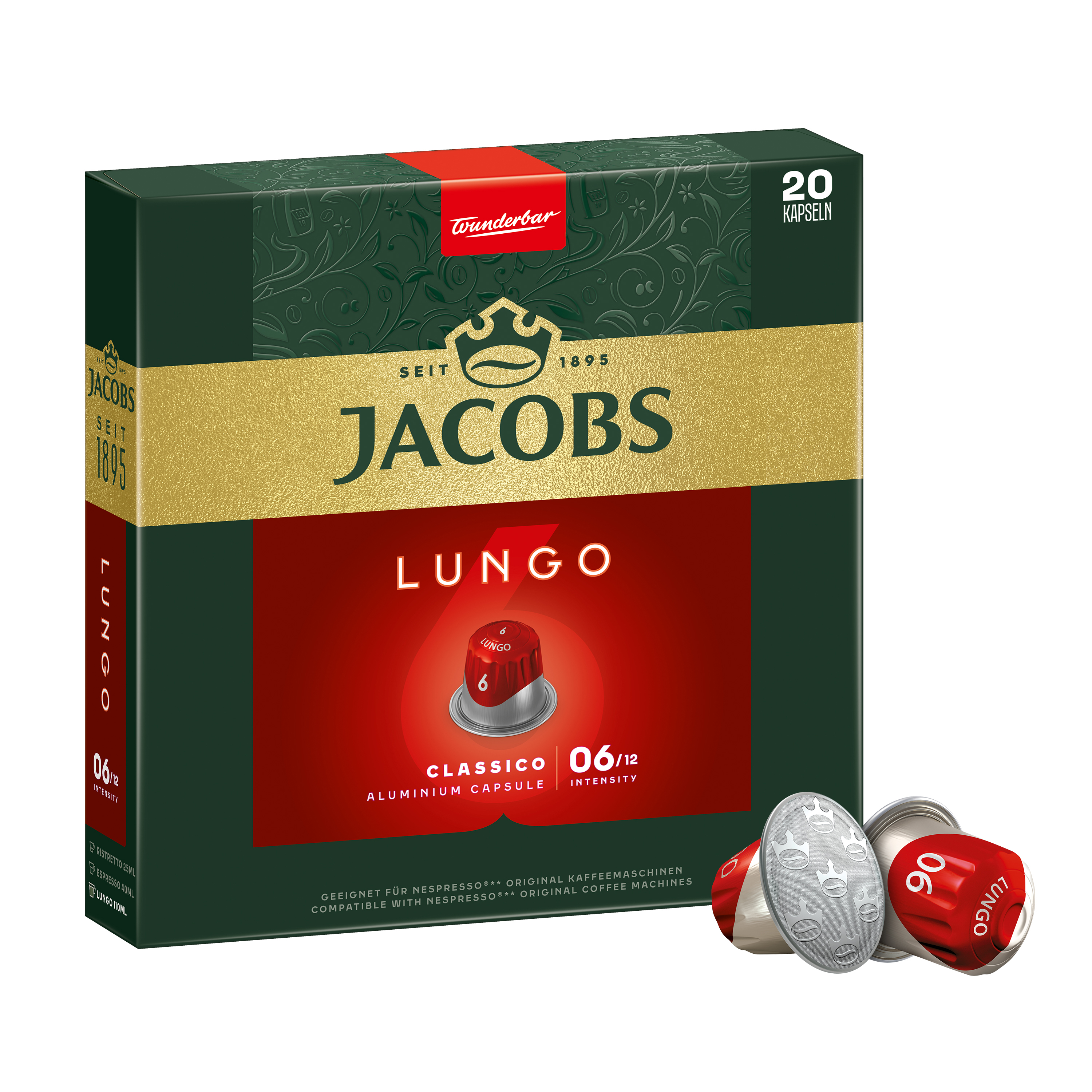 Grüne und rote Jacobs Lungo Classico Kaffeekapselverpackung mit zwei Kapseln im Vordergrund.
