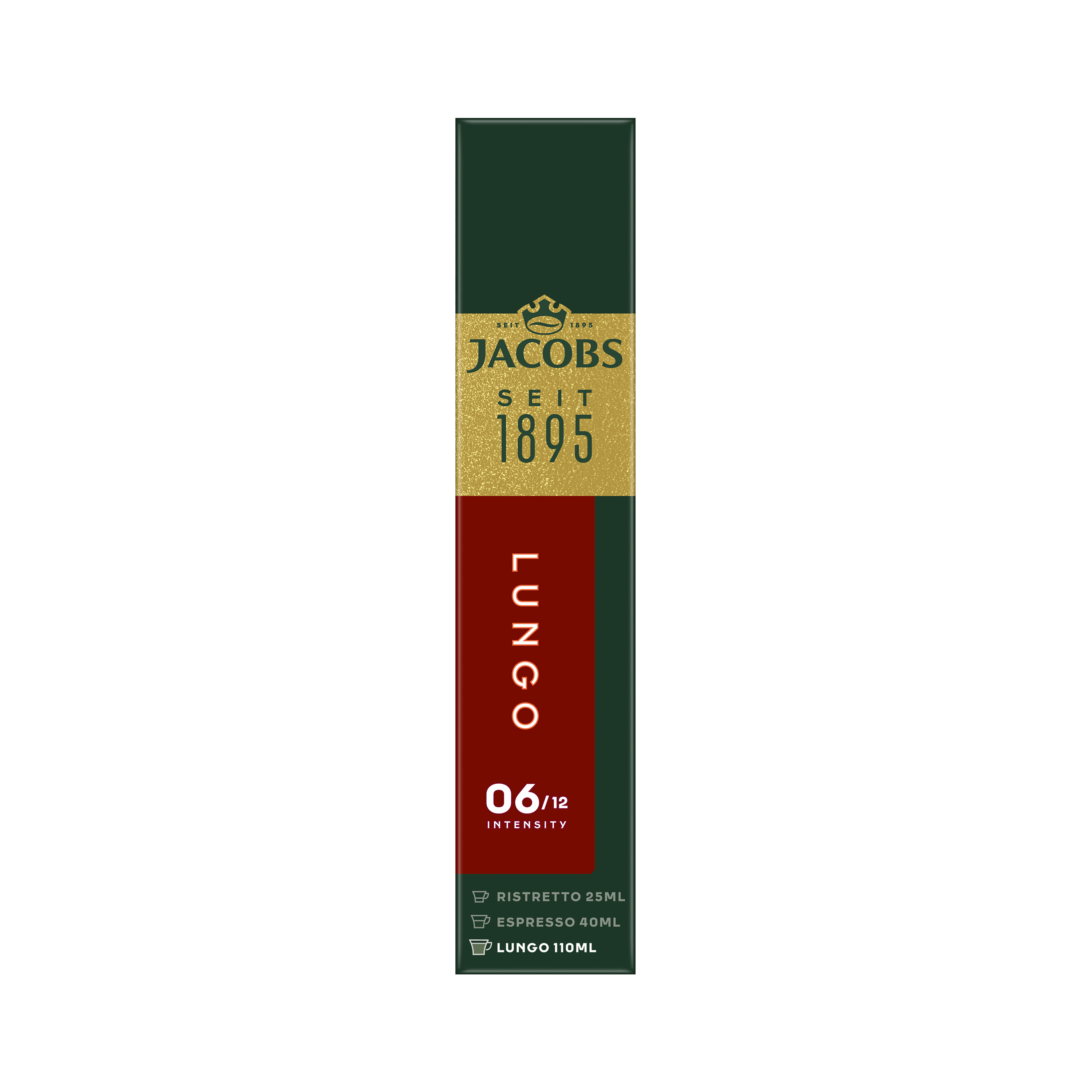Eine vertikale Jacobs Lungo 6 Kaffeekapselverpackung in Dunkelgrün, Gold und Rot auf weißem Hintergrund.