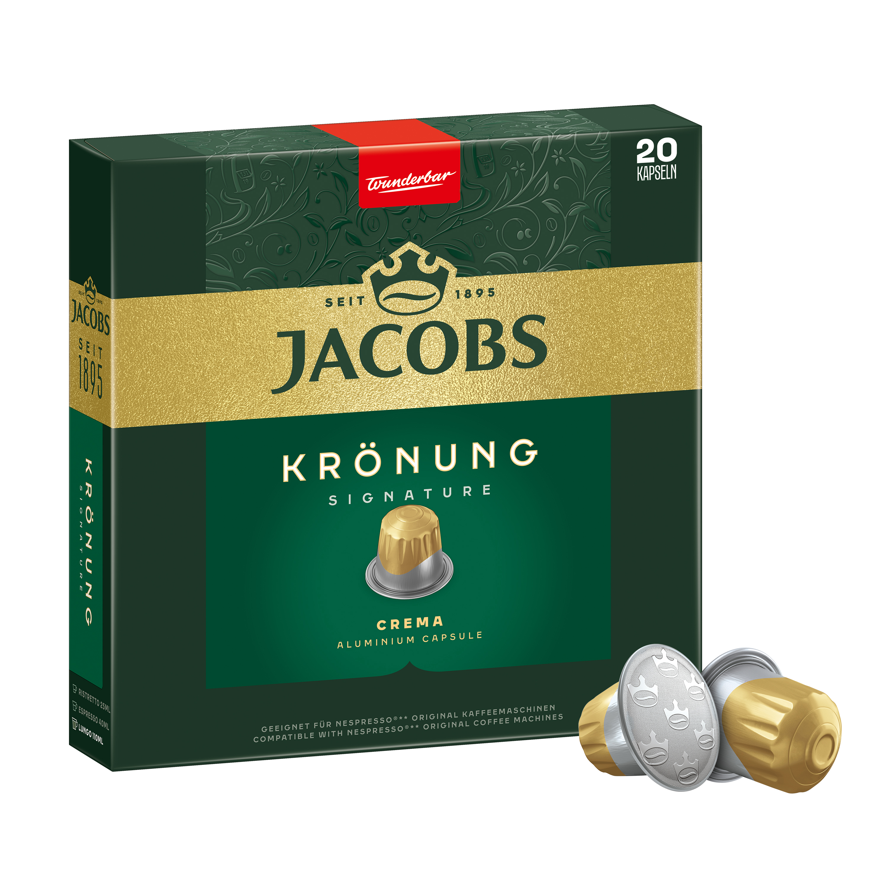 Grüne Jacobs Krönung Kaffeekapselverpackung für 20 Stück mit zwei goldenen Kapseln davor.