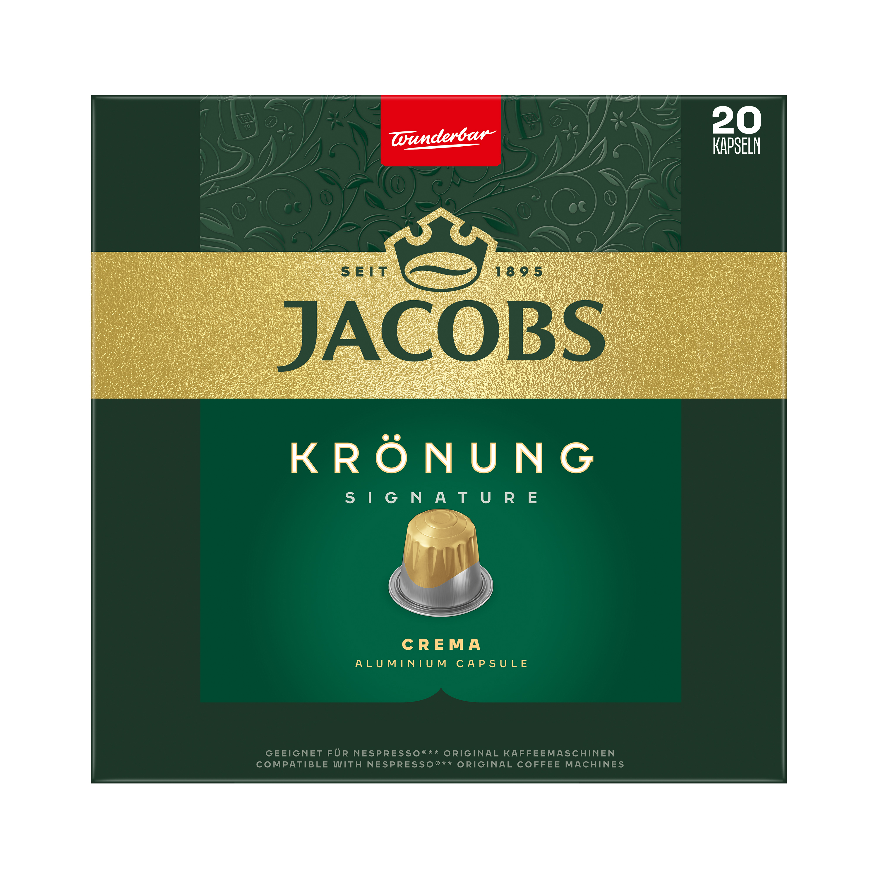 Jacobs Krönung Kaffeekapselverpackung, dunkelgrün mit Goldband, Kronenlogo und 20 Kapseln Text.