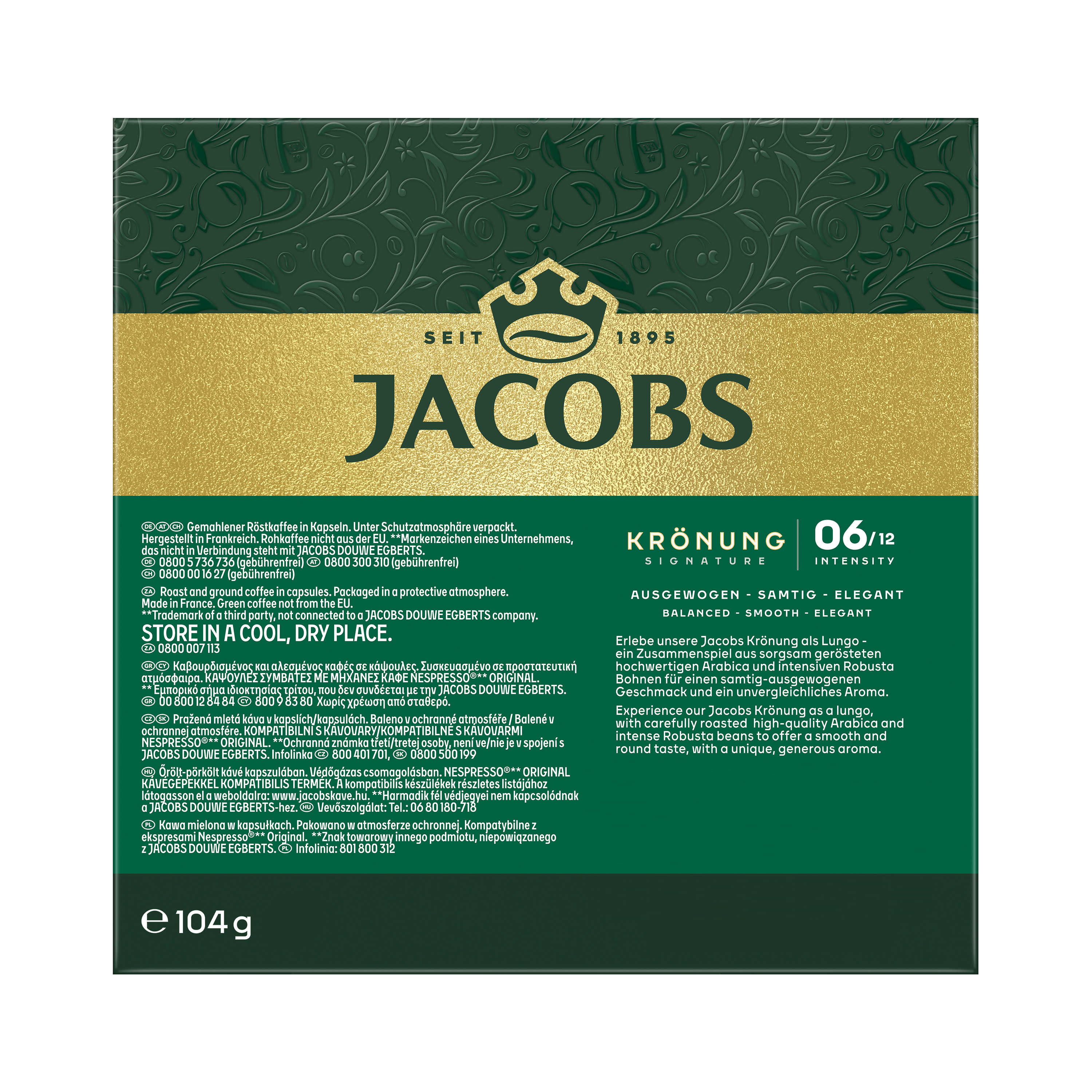 Dunkelgrüne Jacobs Krönung Kaffeekapselverpackung mit goldenem Text, Kronenlogo und Produktinfos.