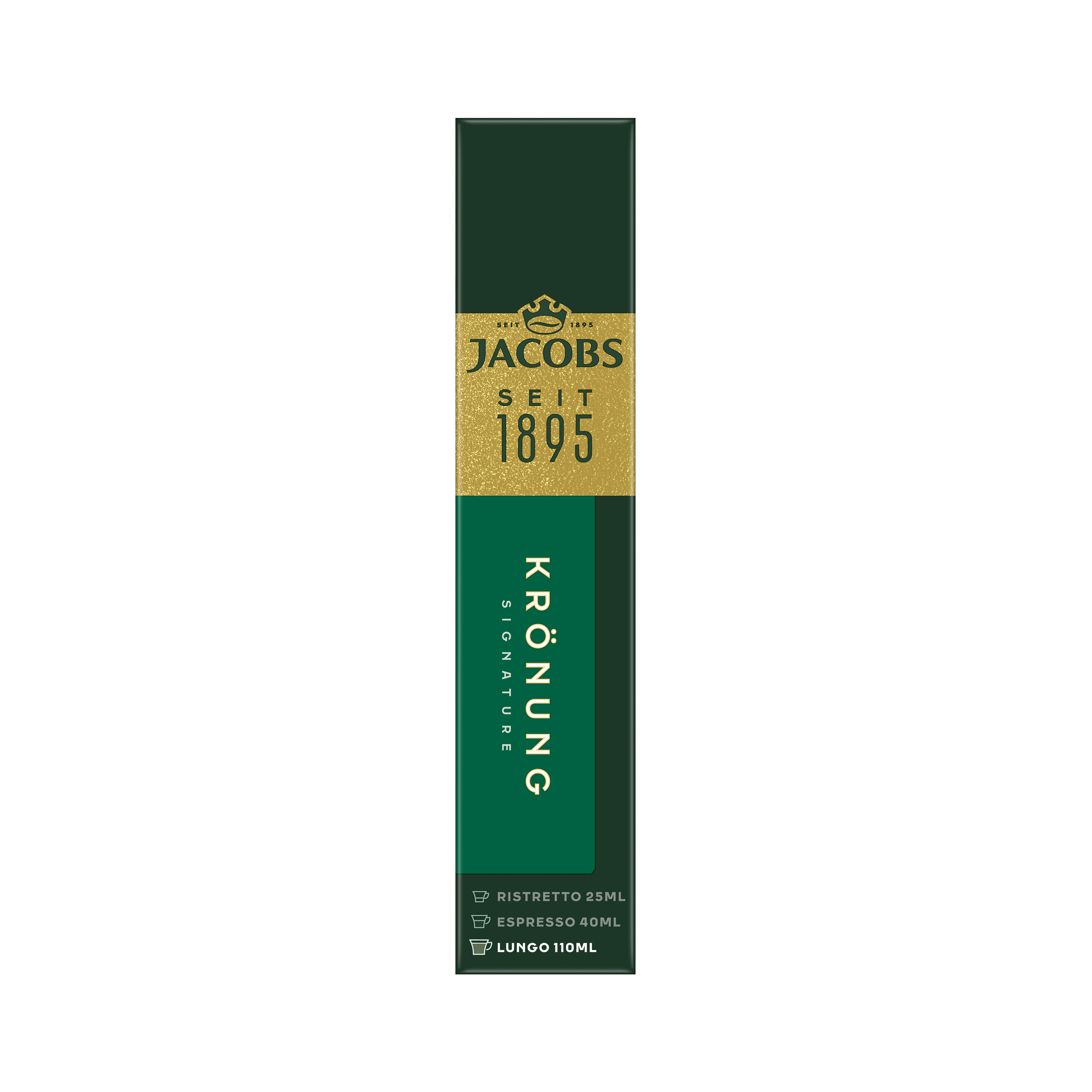 Grüne Jacobs Krönung Kaffeekapselverpackung mit goldenen Akzenten.