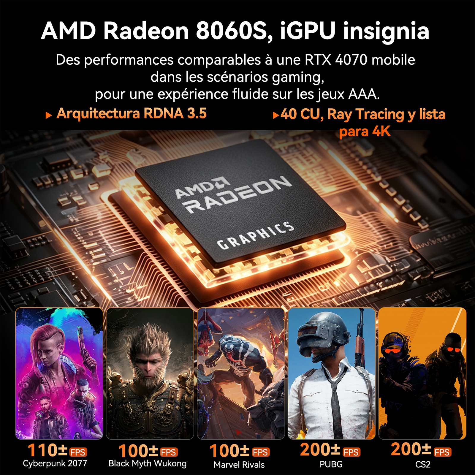 Chip GPU AMD Radeon 8060S en una placa con métricas de rendimiento en juegos como Cyberpunk 2077.