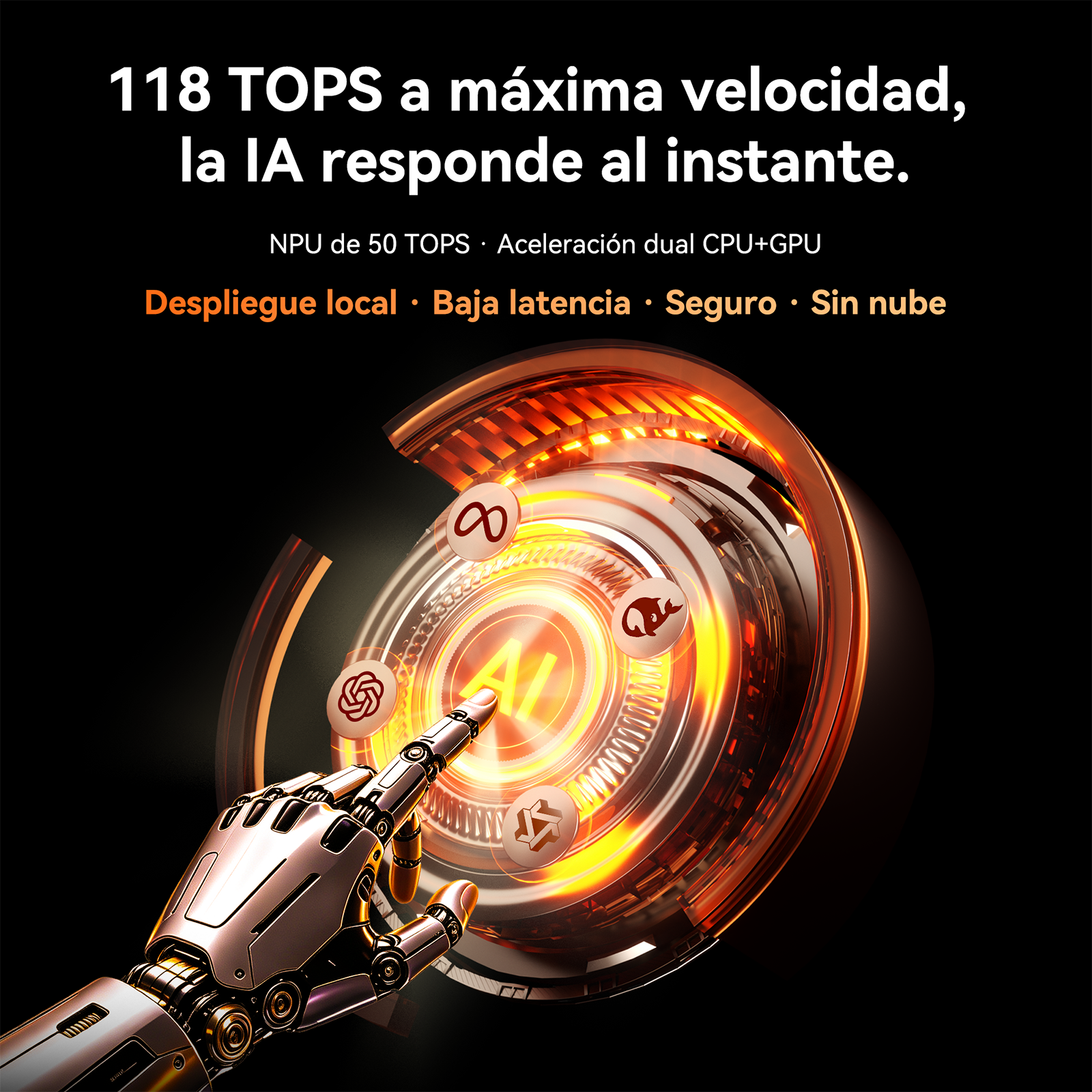 Una mano robótica toca una interfaz de IA circular y brillante sobre fondo negro con texto.