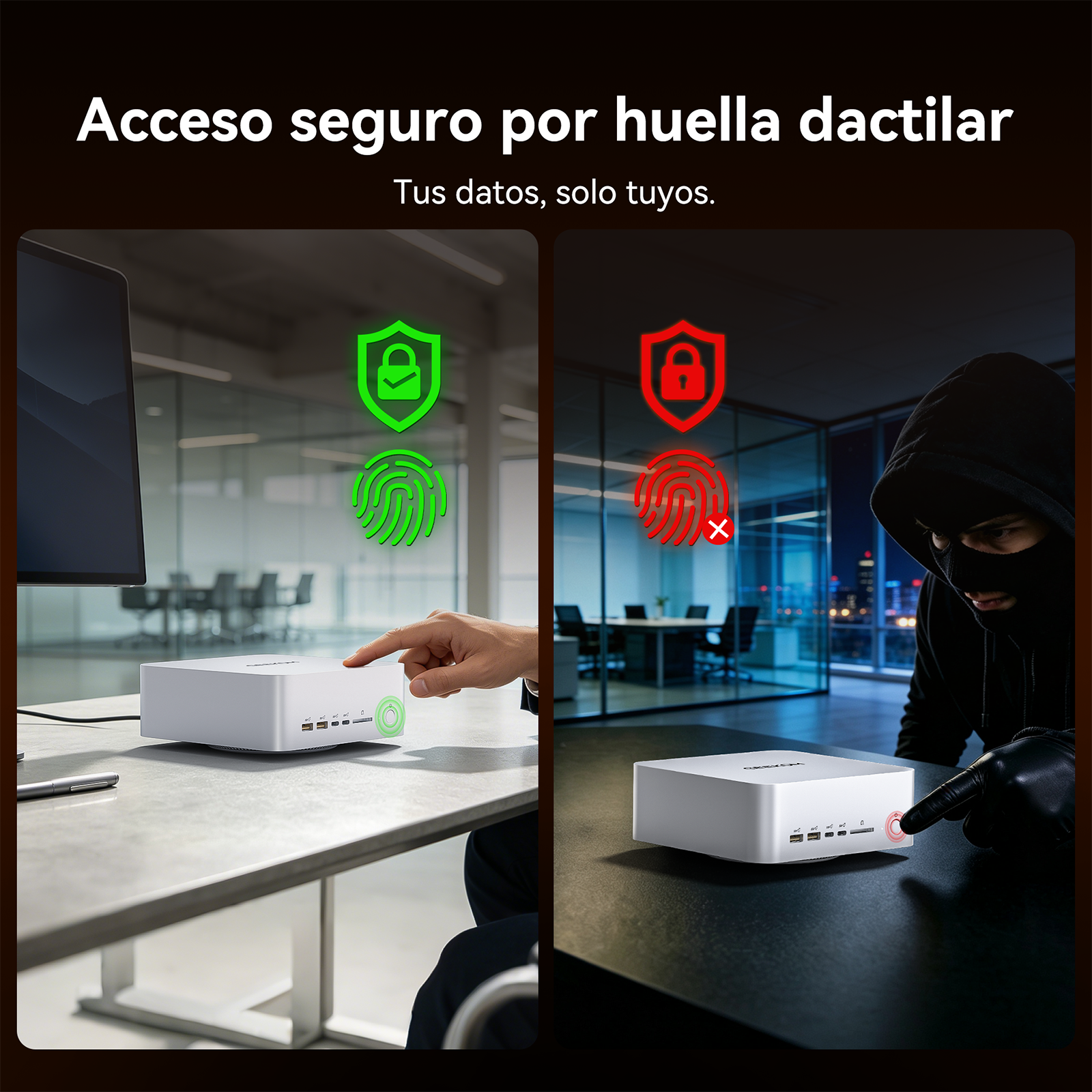 Comparación de inicio de sesión seguro por huella con escudo verde y acceso bloqueado con escudo rojo.