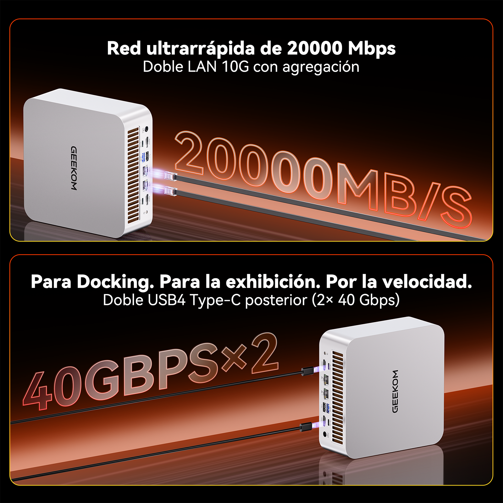 Minipc Geekom mostrando red de 20000 Mbps y dos puertos USB4-C de 40 Gbps.