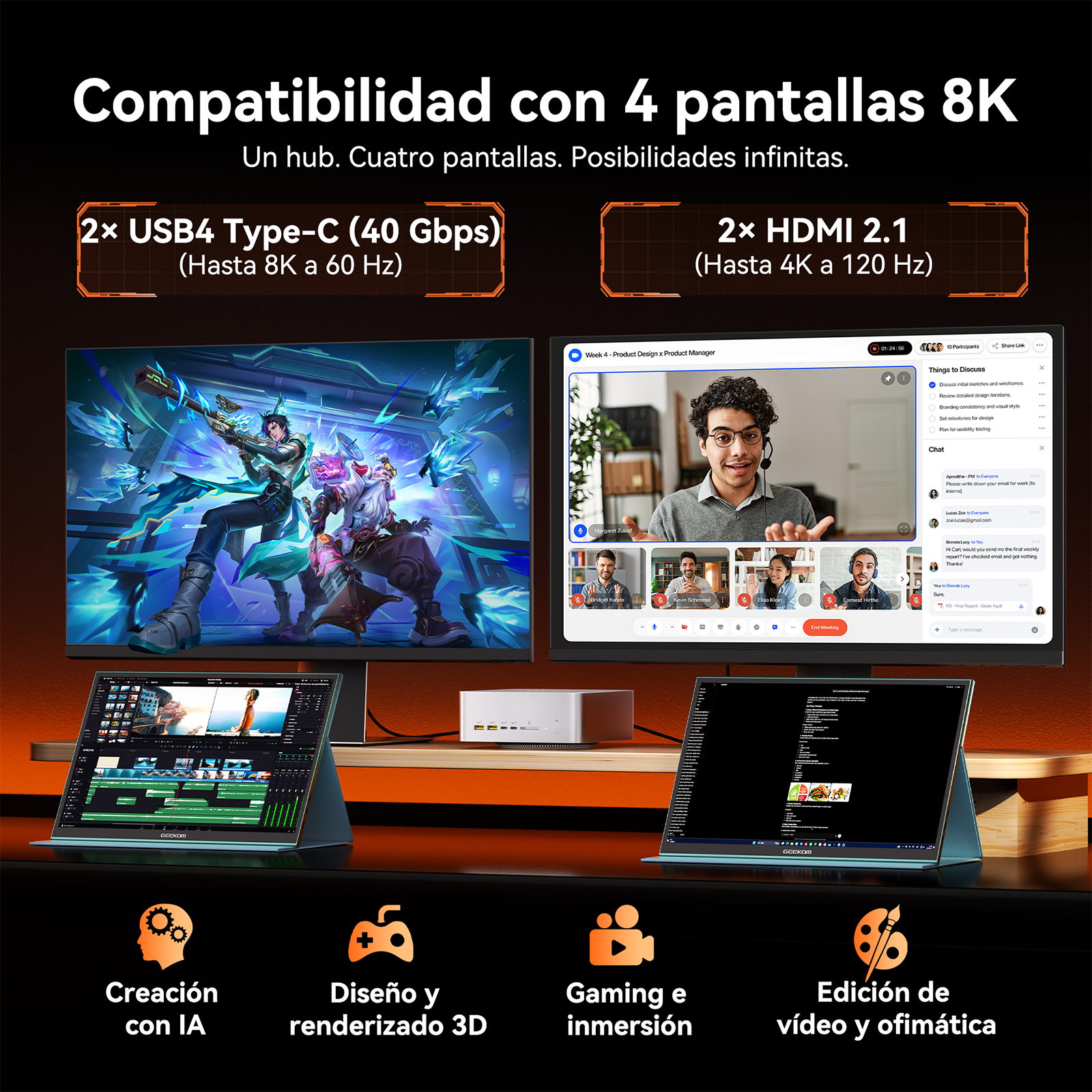 Un mini PC alimenta dos monitores grandes y dos pantallas portátiles para realizar múltiples tareas.