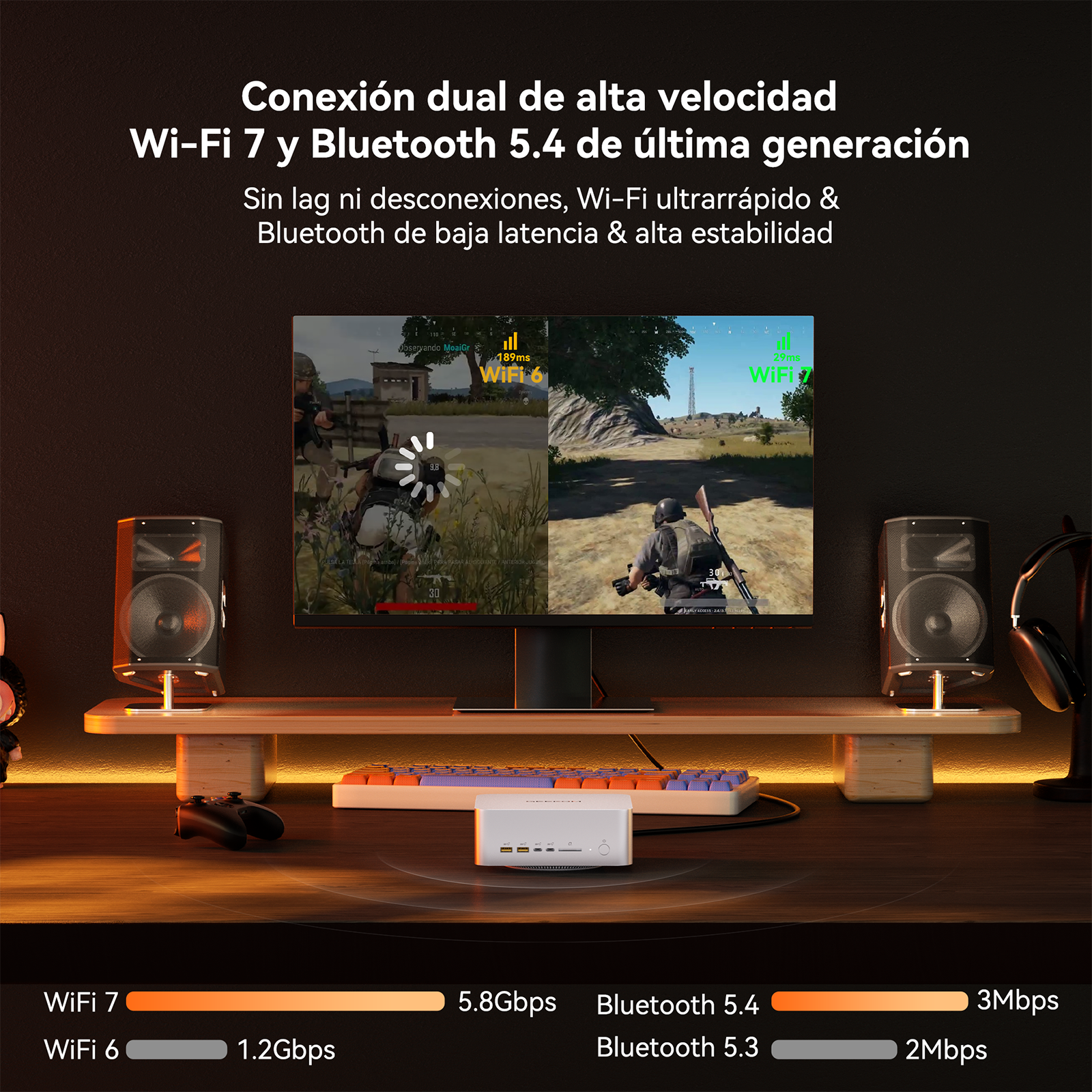 Un escritorio con monitor, juego dividido, altavoces, teclado y mini PC, con especificaciones de Wi-Fi 7.