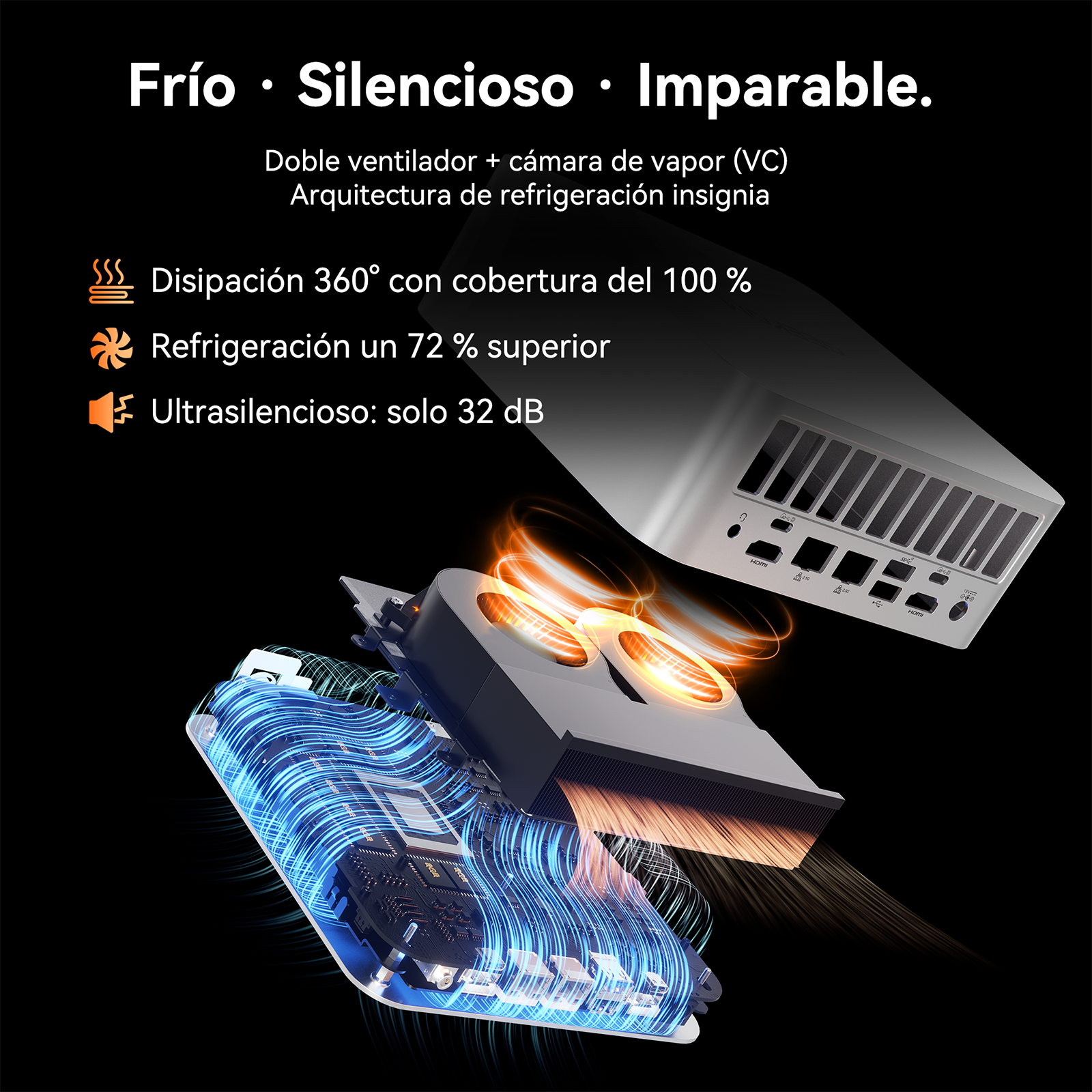 Gráfico tecnológico que muestra el sistema de refrigeración de un mini PC.