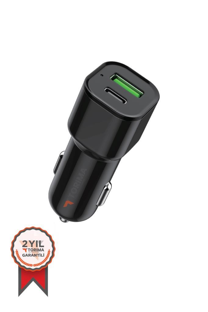 Beyaz arka planda iki USB portlu siyah araç şarj cihazı, iki yıl garanti mührüyle birlikte.