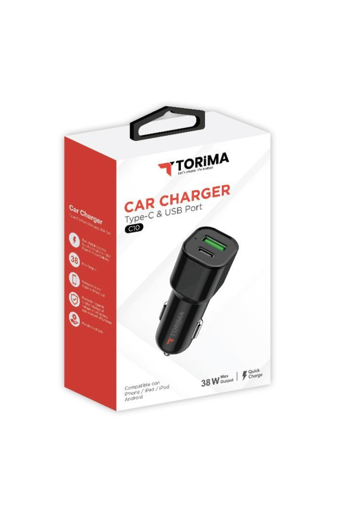 Type-C ve USB portlu Torima araç şarj cihazı kutusu, beyaz ve kırmızı arka planda siyah adaptör ile.