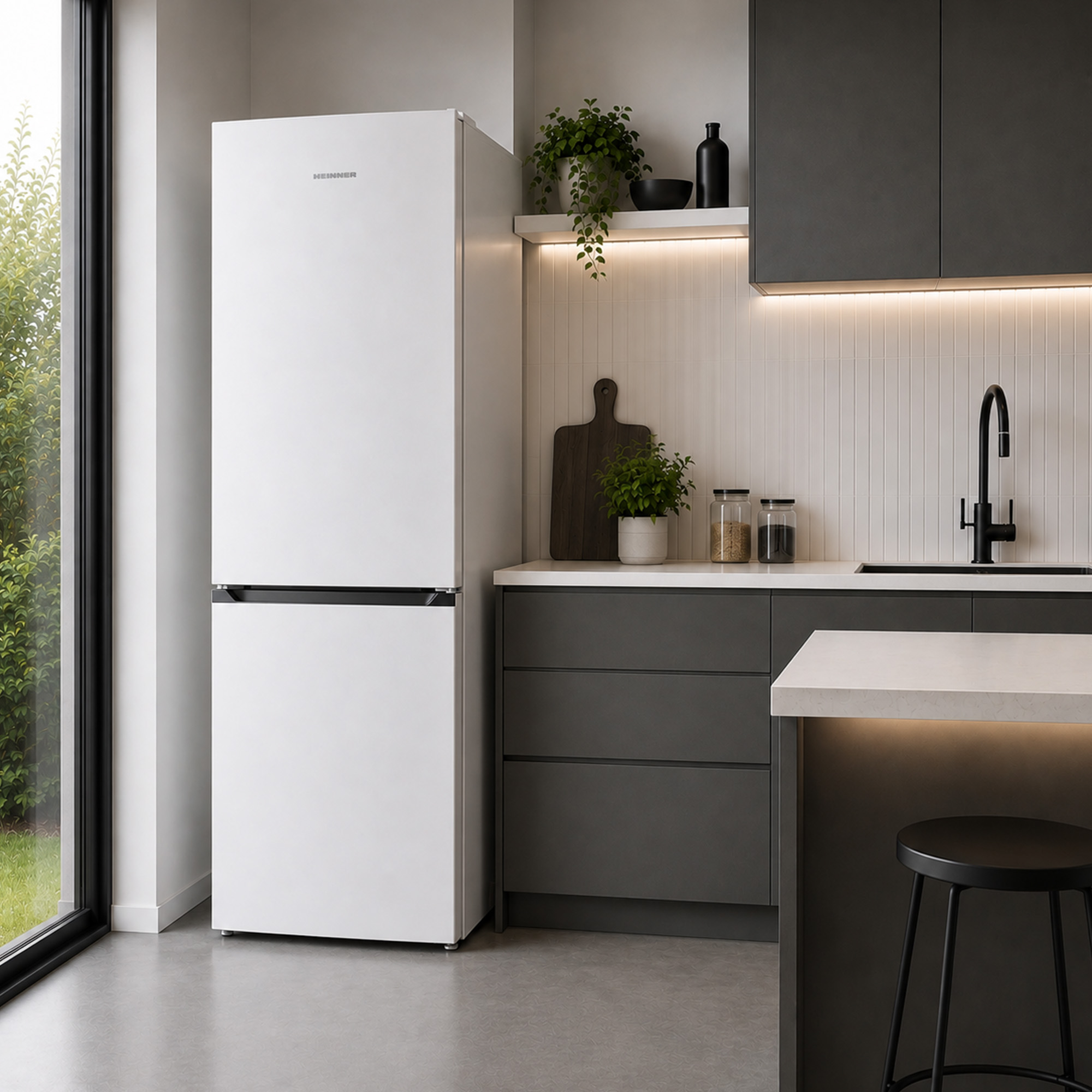 Moderne keuken met witte koelkast, donkergrijze kasten, witte aanrechtbladen en zwarte kruk.