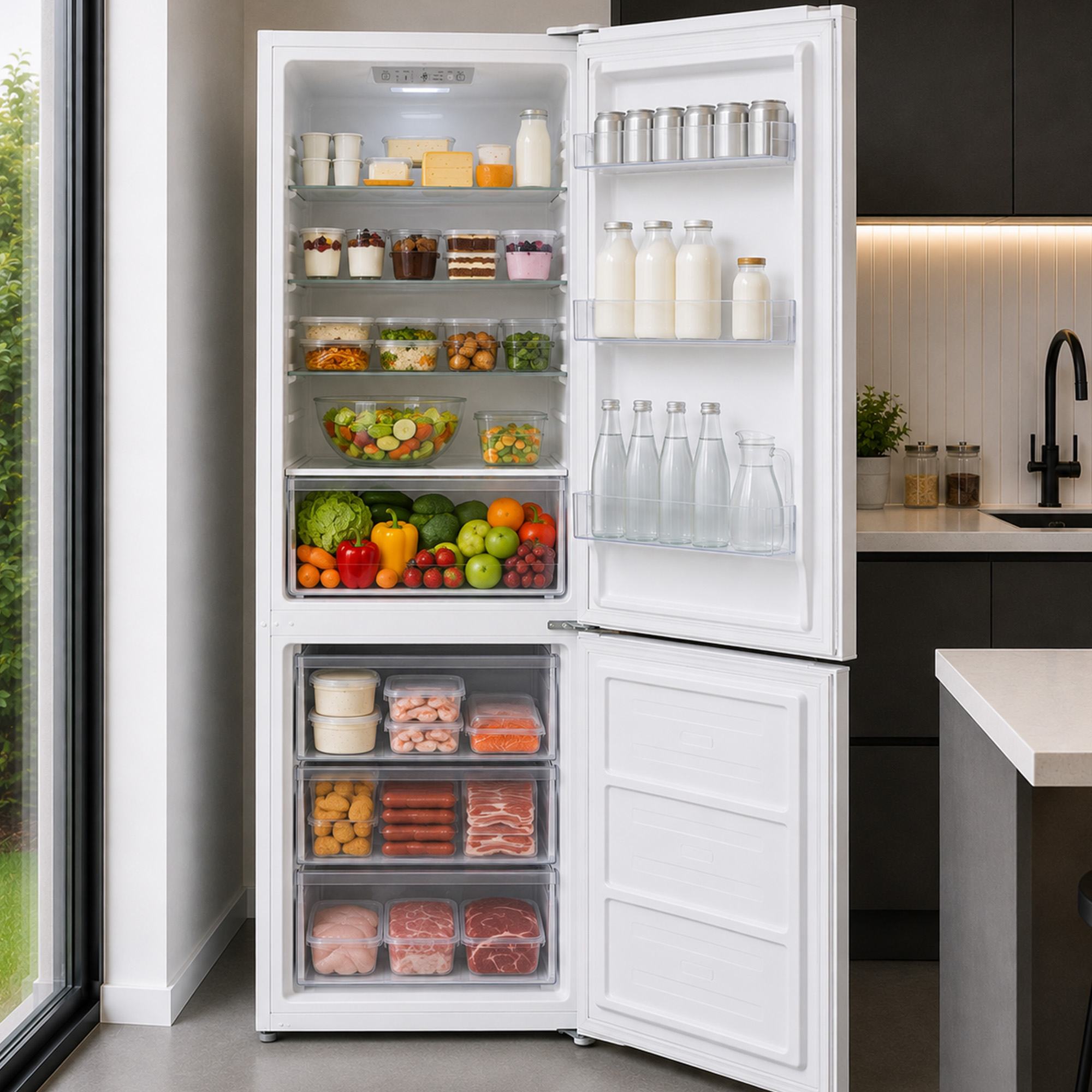 Een open witte koelkast in een moderne keuken, gevuld met verse groenten, fruit, zuivel en vlees.