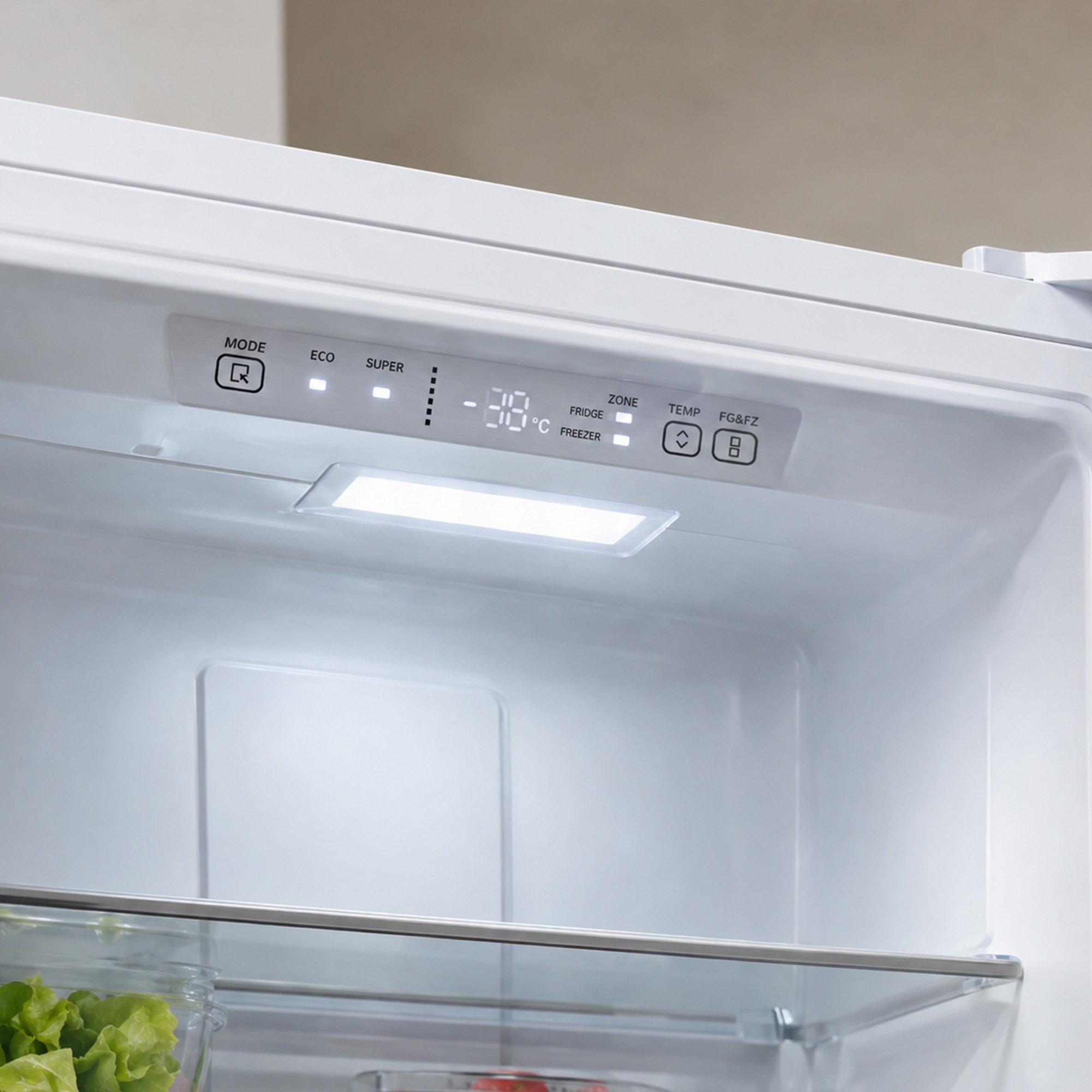 Binnenkant van een koelkast met digitaal bedieningspaneel en heldere LED-verlichting boven een glazen plank.