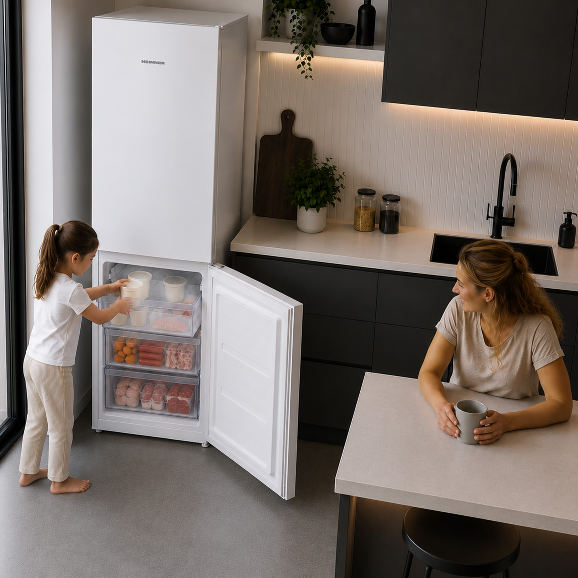 Een kind opent de vriezer terwijl een vrouw aan tafel zit en kijkt.