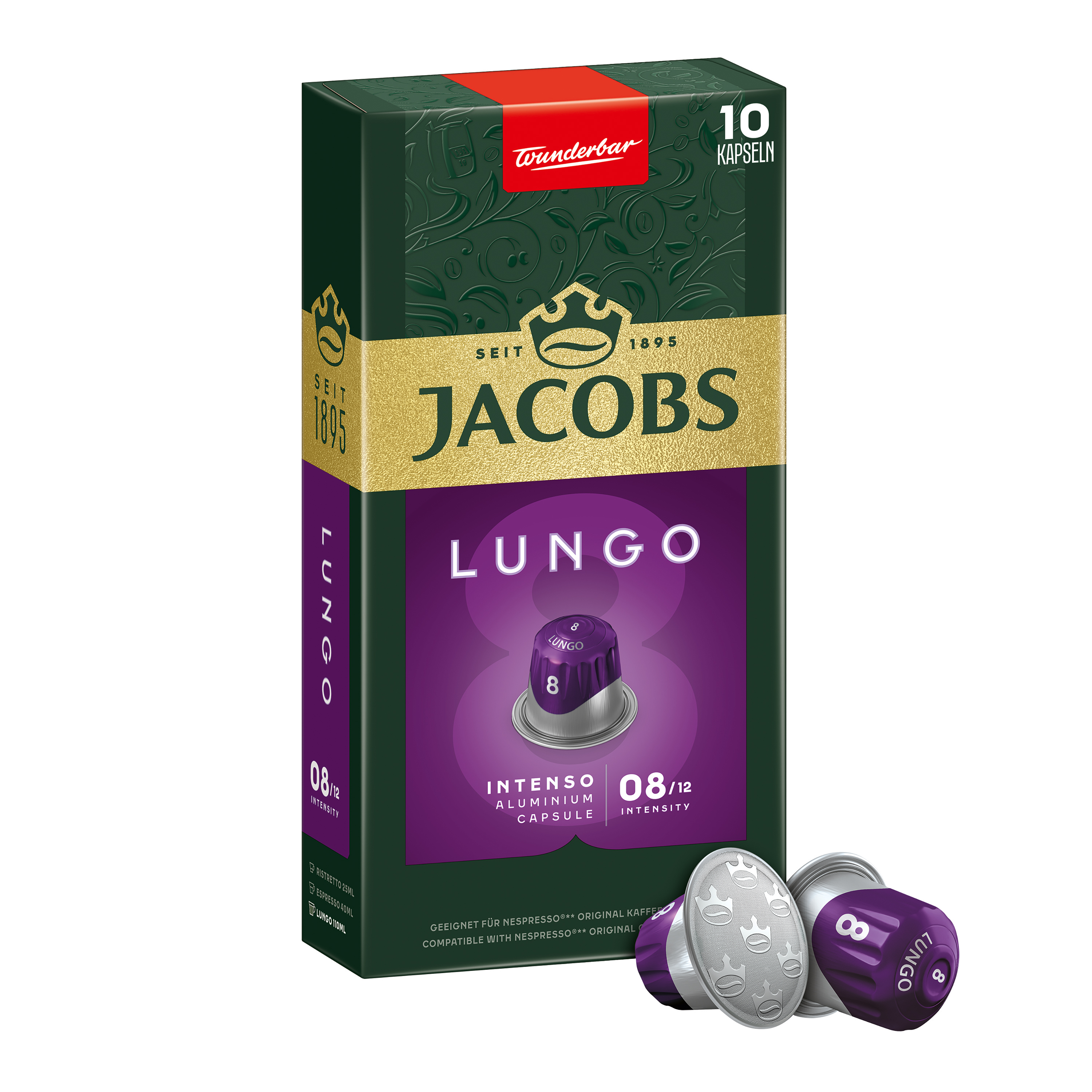 Grüne Jacobs Lungo Intenso Kaffeekapselverpackung mit zwei violetten Kapseln davor.