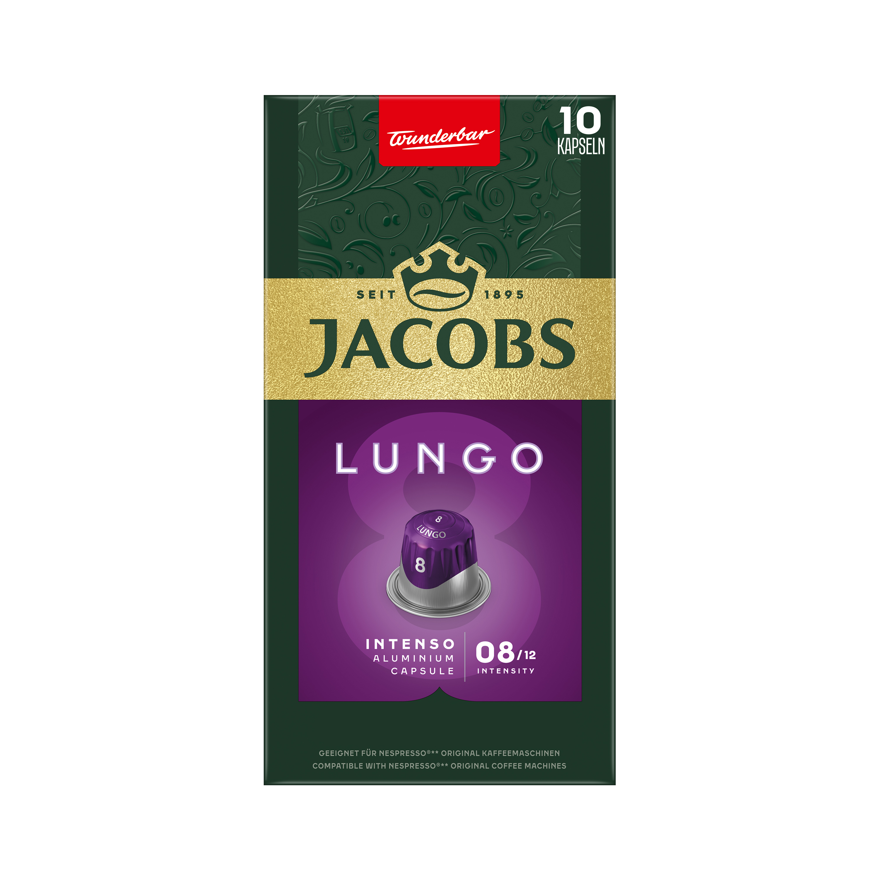 Eine grüne Jacobs Lungo Kaffeekapselverpackung mit einem lila Akzent und der Aufschrift 10 Kapseln.
