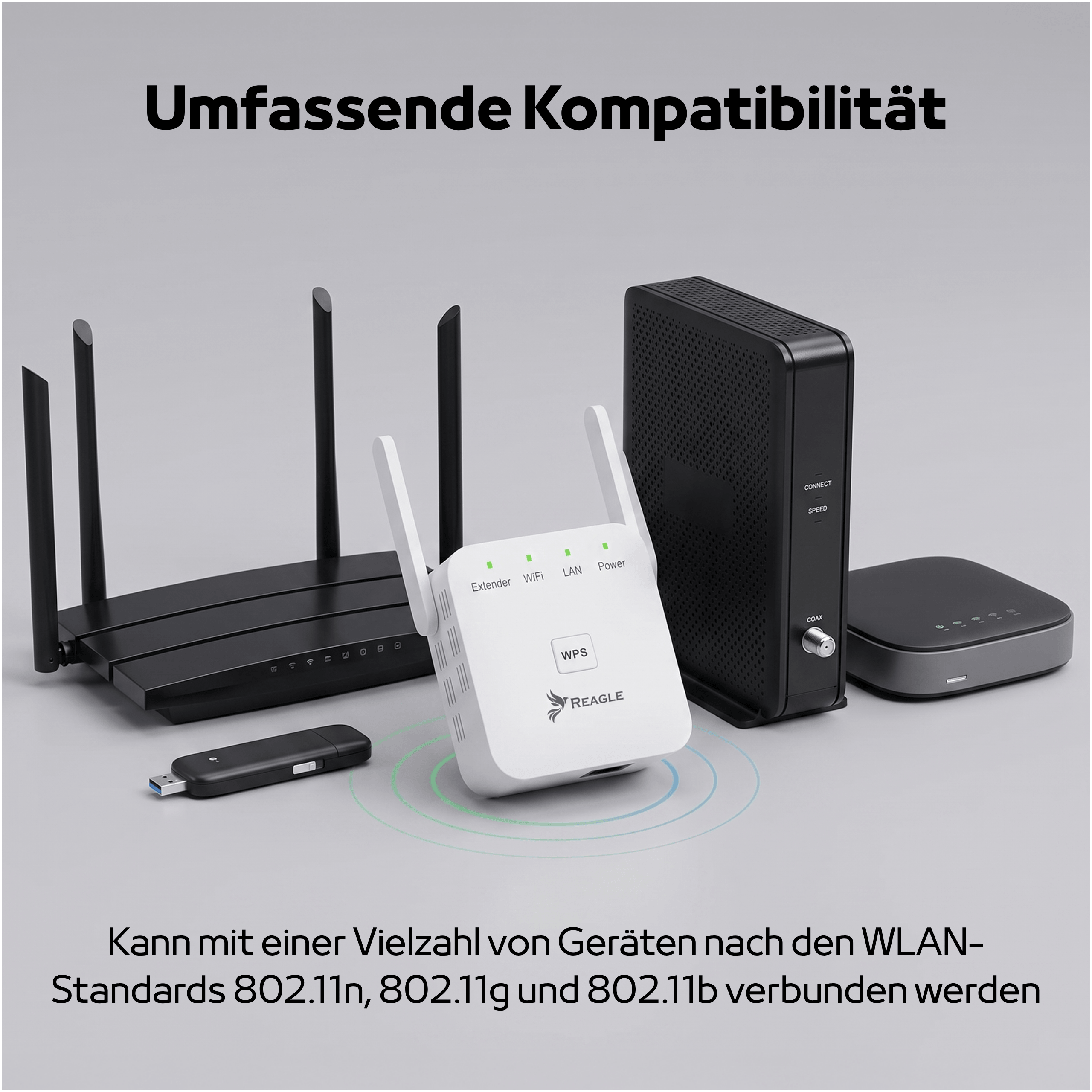 Biały wzmacniacz sygnału Wi-Fi z zielonymi diodami w otoczeniu czarnych routerów i urządzeń sieciowych na szarym tle.