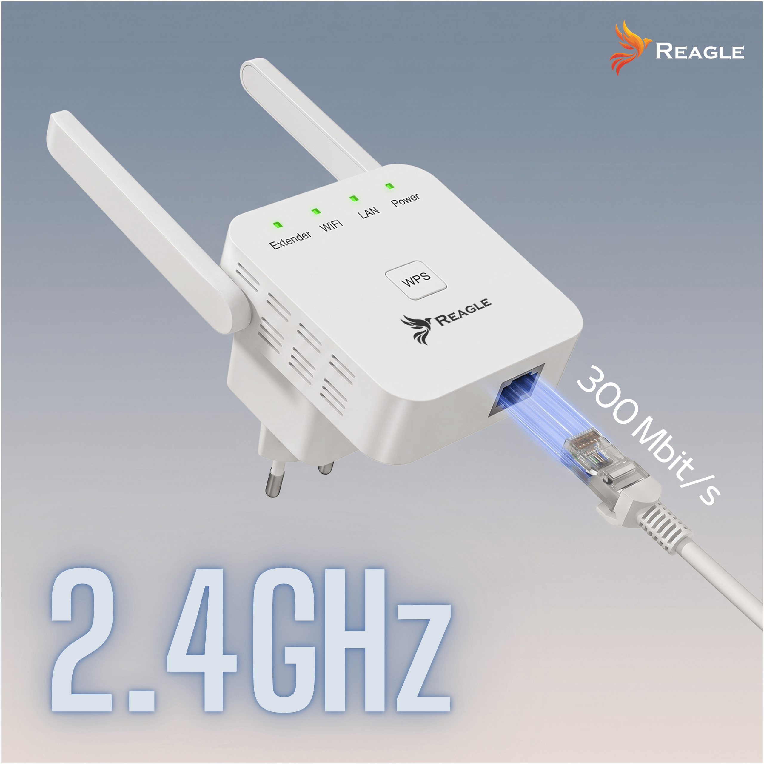 Biały wzmacniacz sygnału Wi-Fi Reagle z dwiema antenami, kablem ethernetowym i napisem 2,4 GHz i 300 Mbit/s.