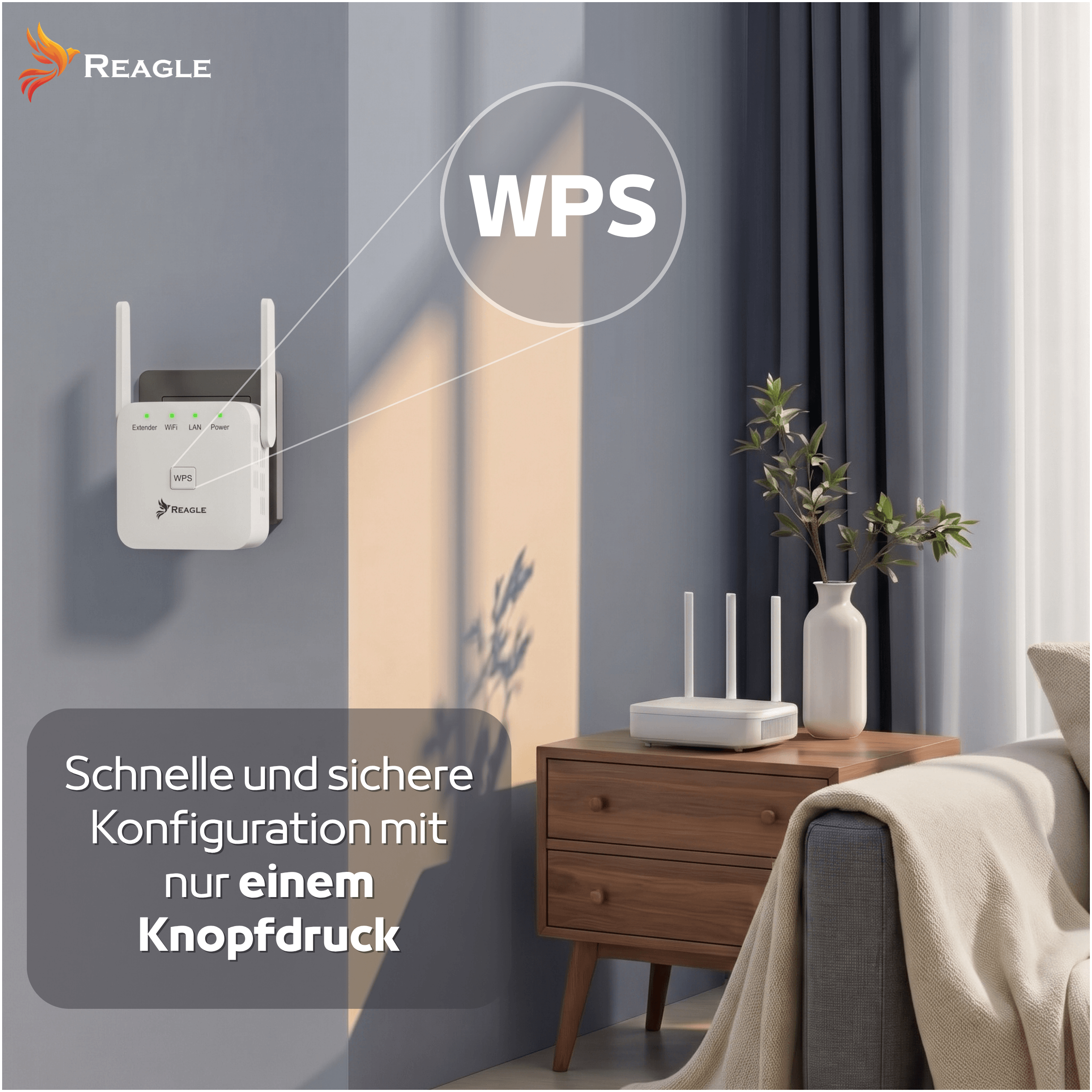 Wzmacnicz Wi-Fi na scianie z kolem WPS i tekstem o szybkiej i bezpiecznej konfiguracji.