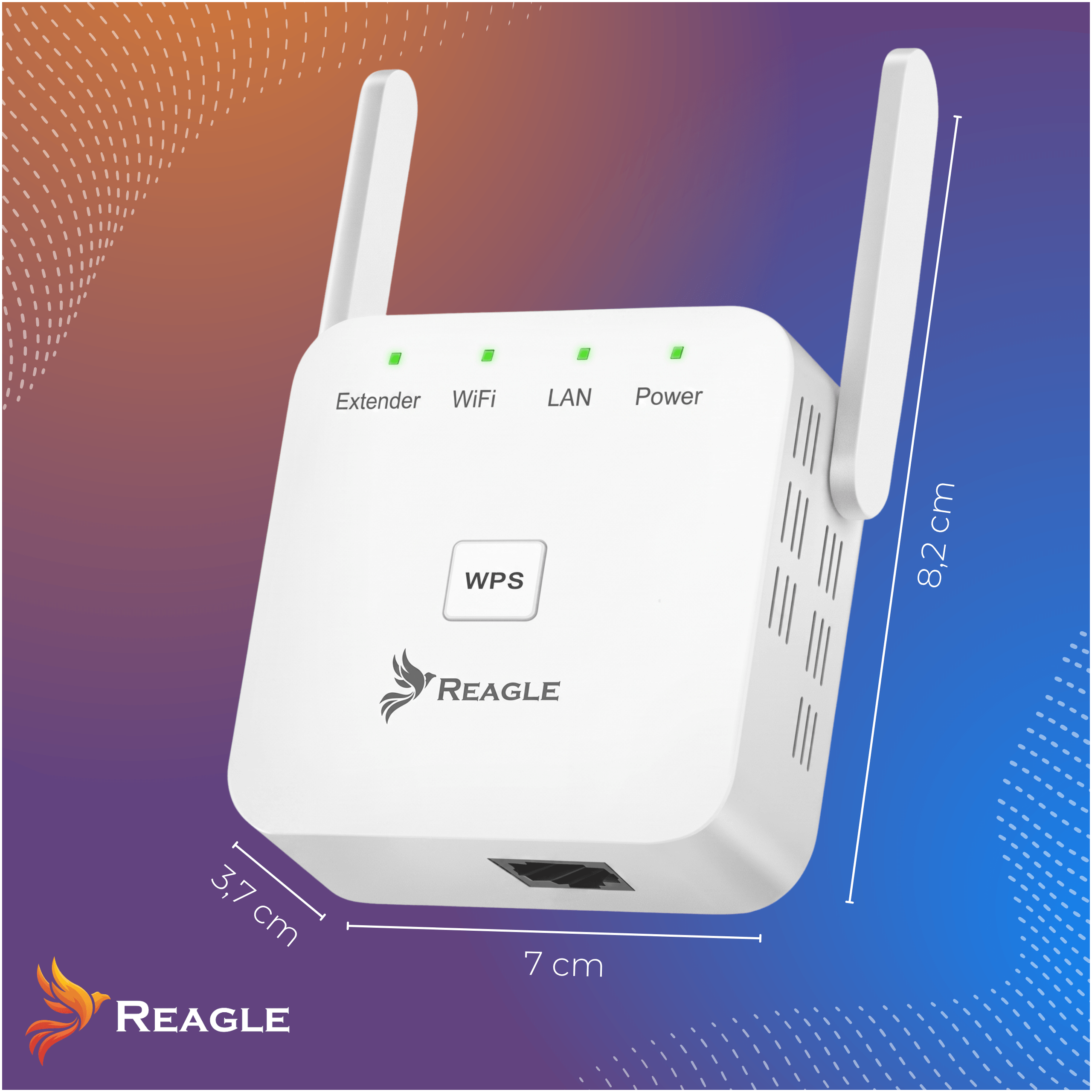 Biały wzmacniacz sygnału Wi-Fi Reagle z dwiema antenami, diodami LED i wymiarami na pomarańczowo-niebieskim tle.