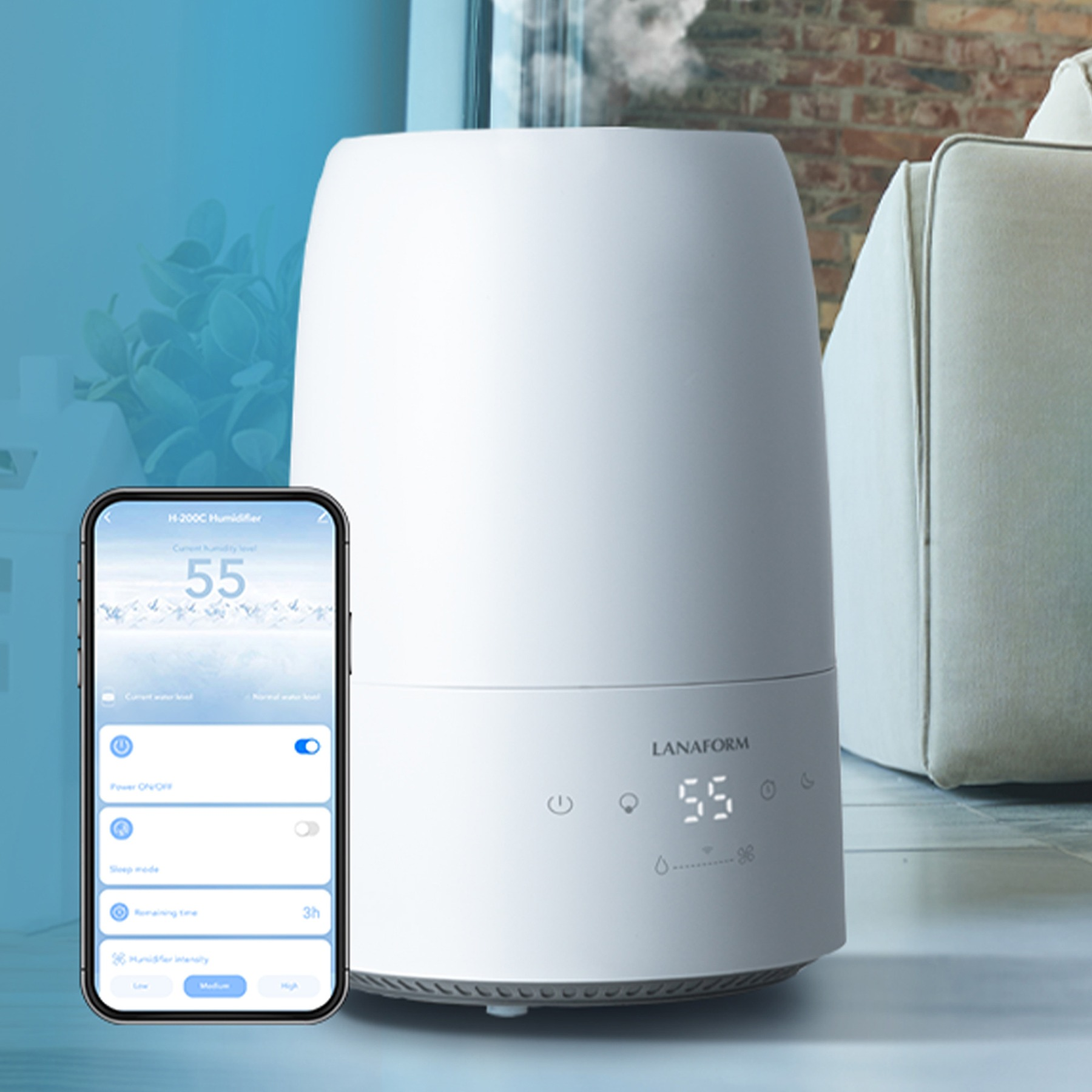 A white Lanaform humidifier with an LED display and a smartphone app controlling its humidity settings.