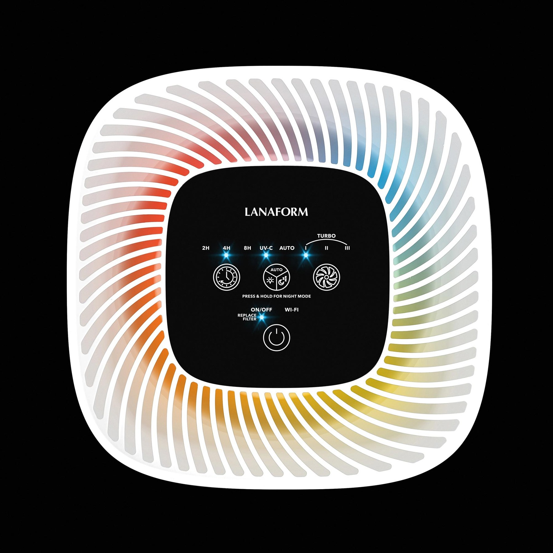 Lanaform air purifier with black control panel and colorful glowing ring.
