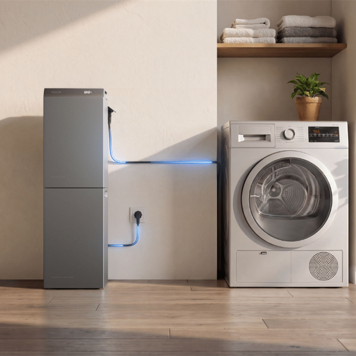 Eine graue Smart-Power-Einheit, verbunden mit einer weißen Waschmaschine auf Holzboden, mit Handtüchern im Regal.