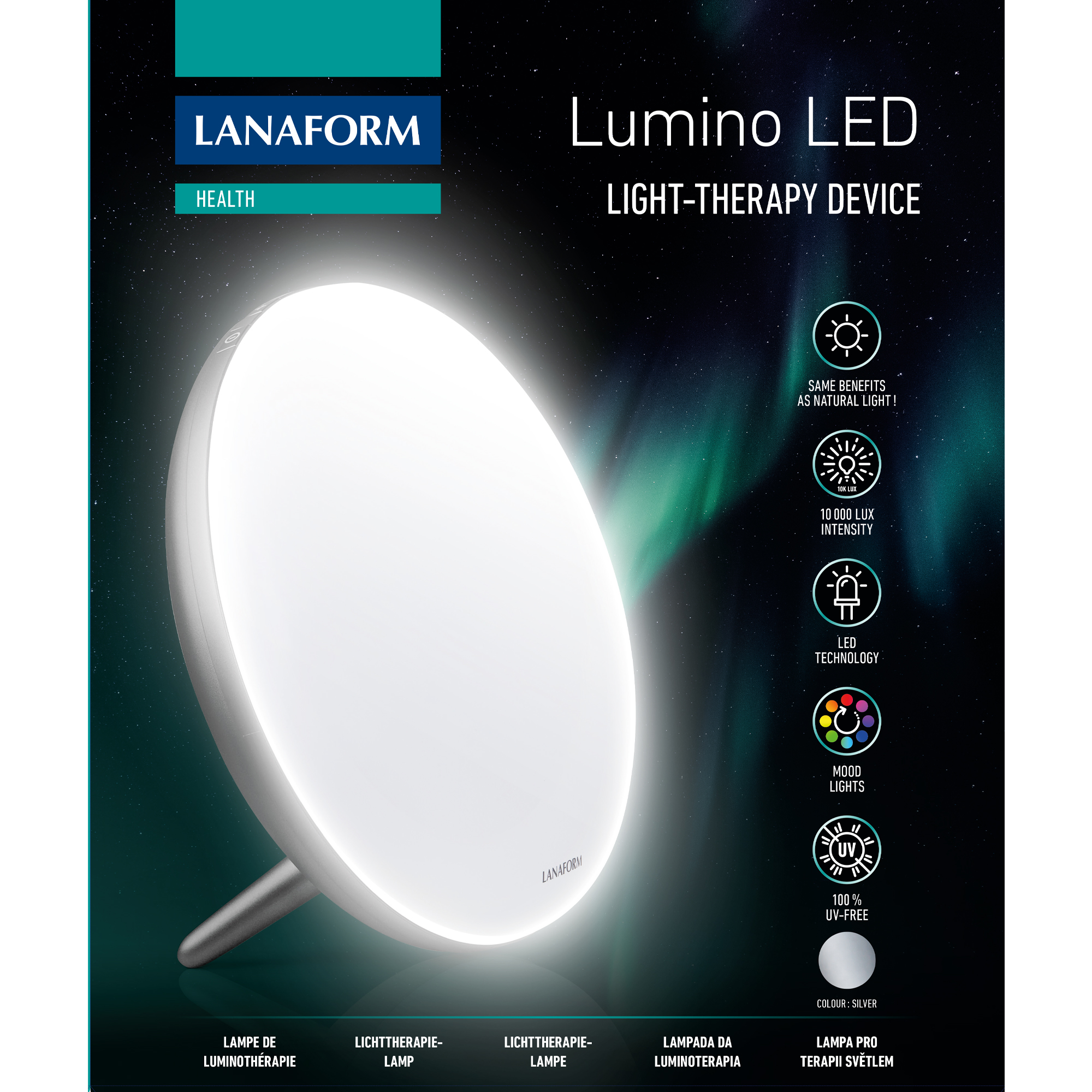 Lanaform Lumino LED-Lichttherapiegerät mit hellem runden Licht und Funktionssymbolen vor dunklem, sternenklarem Hintergrund.