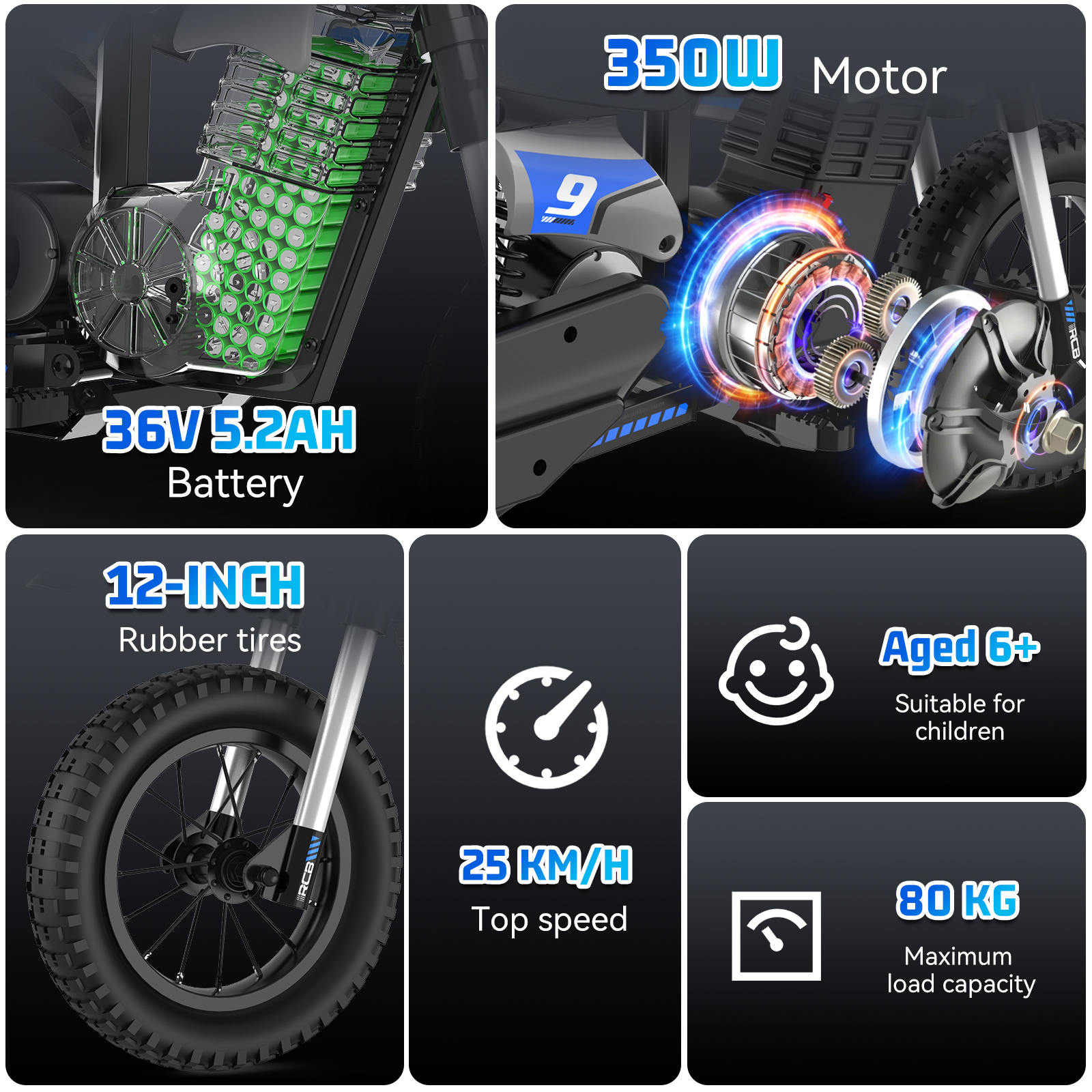 Technische Details eines Kinder-Motorrads mit Batterie, 350W Motor, 12-Zoll-Reifen und 25 km/h Höchstgeschwindigkeit.