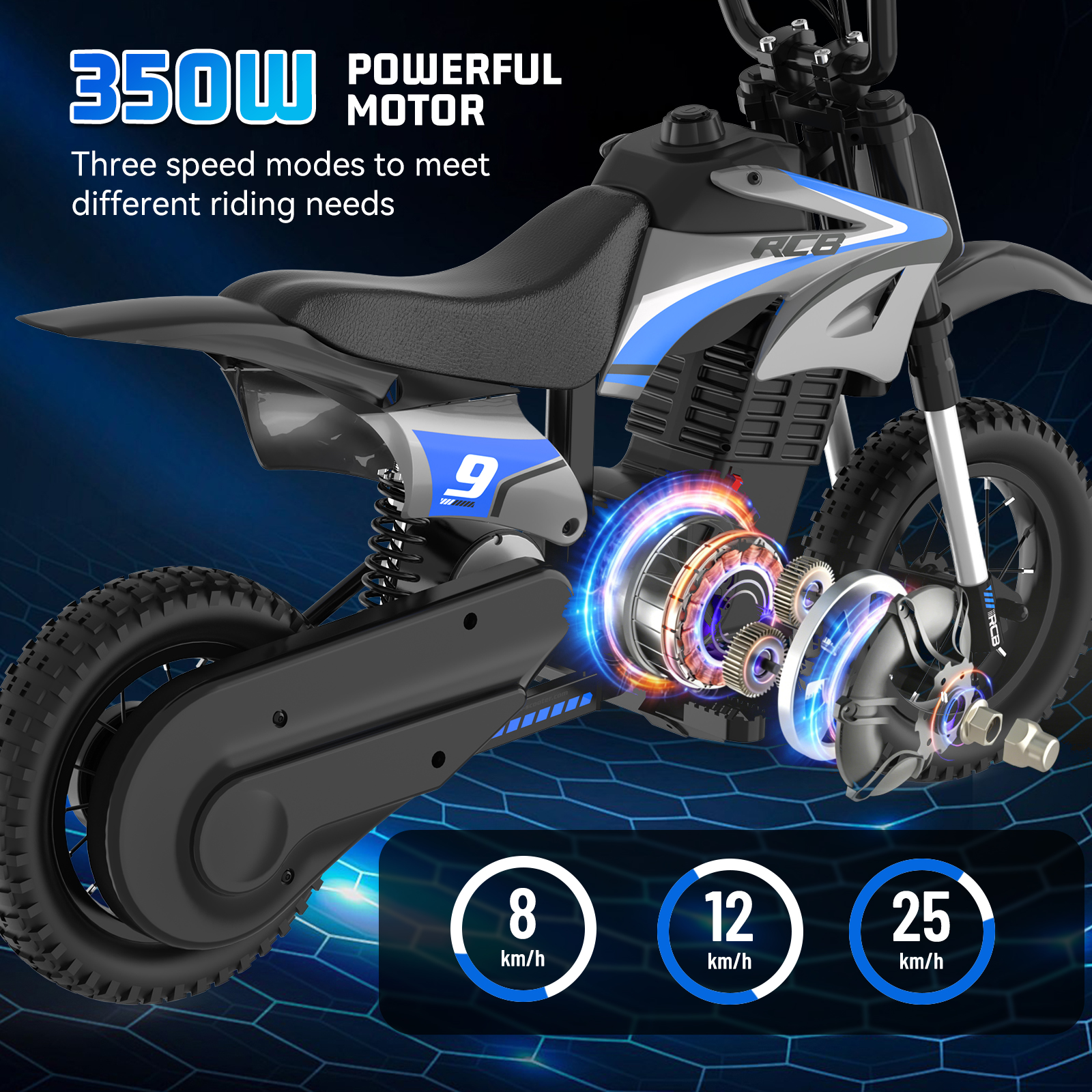 Ein schwarzes Kinder-Elektromotorrad mit 350W Motor, blauen Akzenten und drei Geschwindigkeitsmodi von 8 bis 25 km/h.