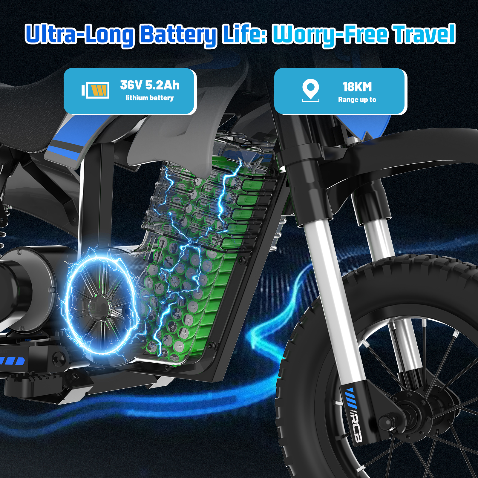 Elektromotorrad mit 36V 5.2Ah Lithium-Batterie und 18KM Reichweite.