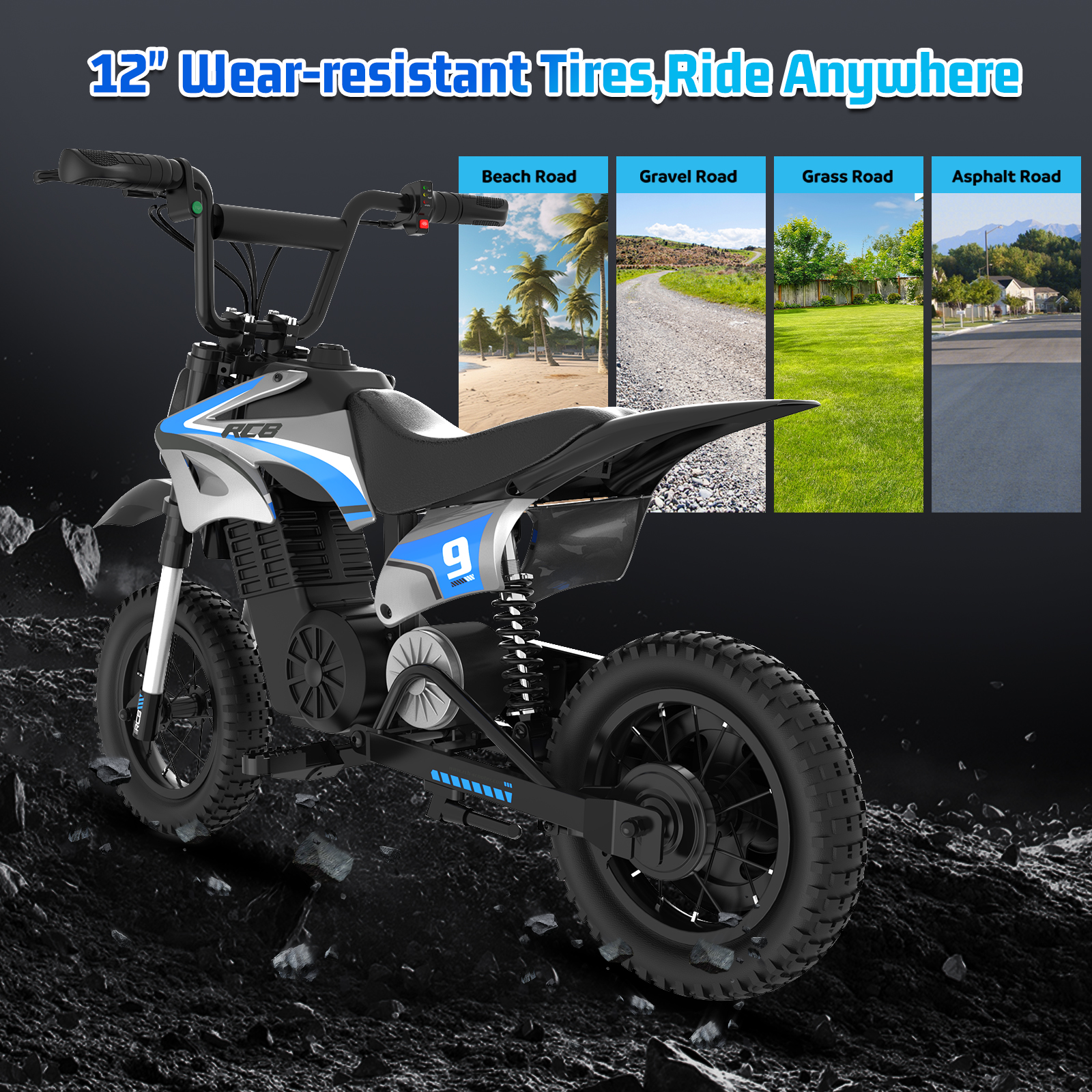 Ein schwarz-weiß-blaues Kinder-Elektromotorrad vor einem dunklen Hintergrund mit vier kleinen Bildern von unterschiedlichen Straßen.