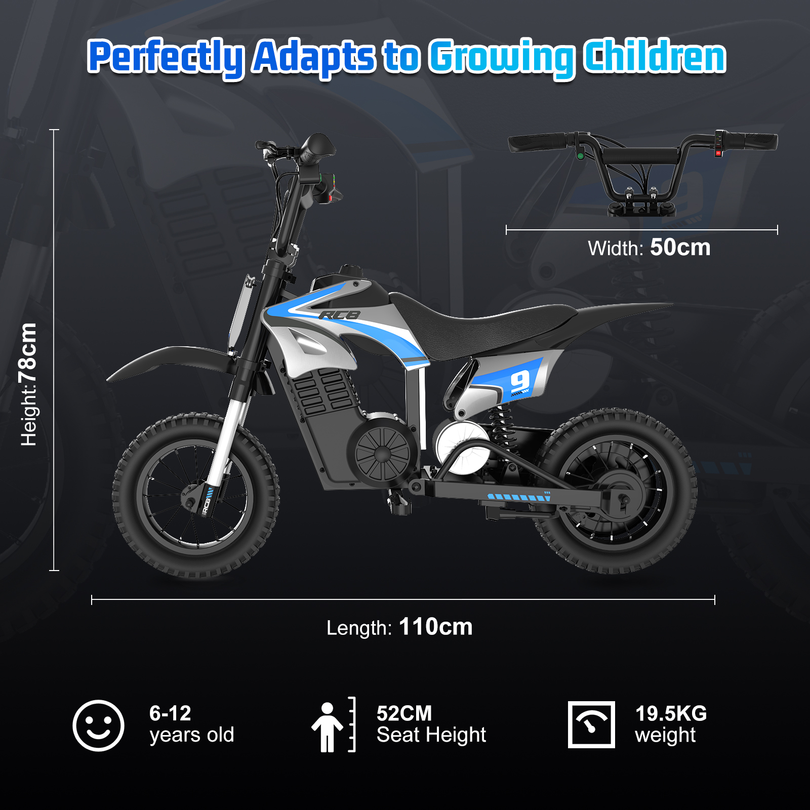 Ein schwarz-silbernes Kinder-Elektro-Dirtbike mit Maßangaben und Spezifikationen zu Alter, Sitzhöhe und Gewicht.