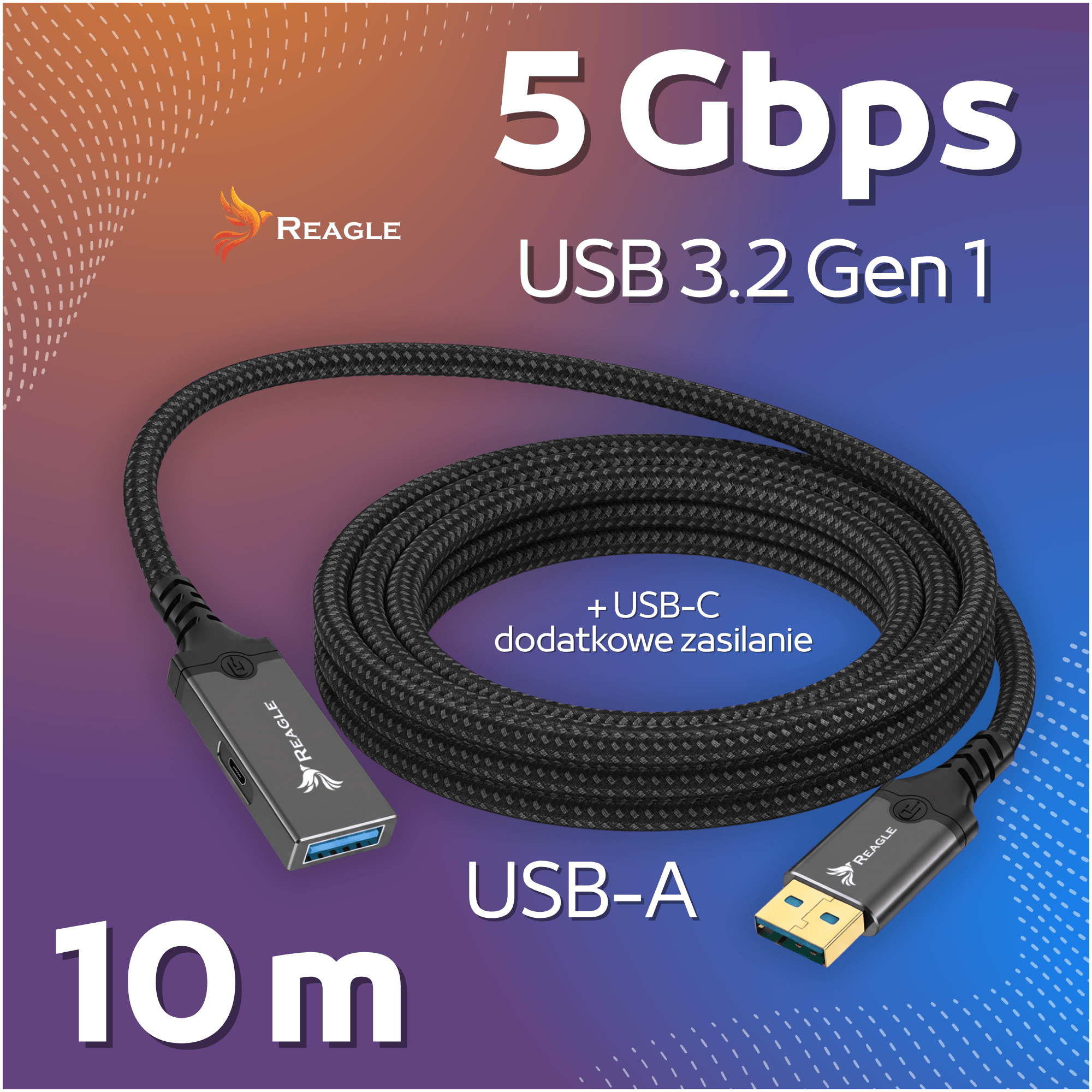 Cable Reagle USB 3.2 Gen 1 de 10m con conectores USB-A y USB-C sobre un fondo degradado azul y naranja.