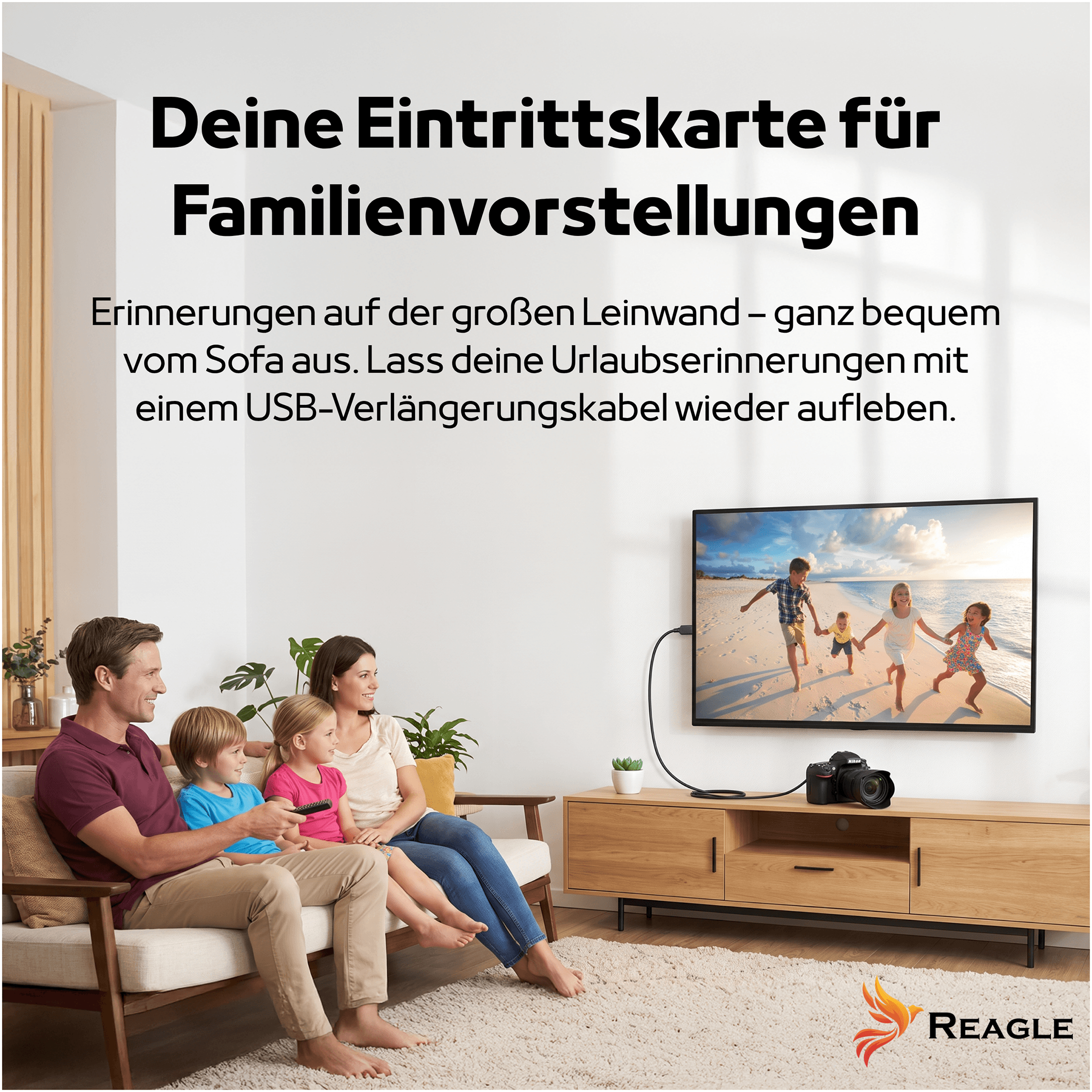Una familia se sienta en el sofá viendo fotos de vacaciones en la tele.