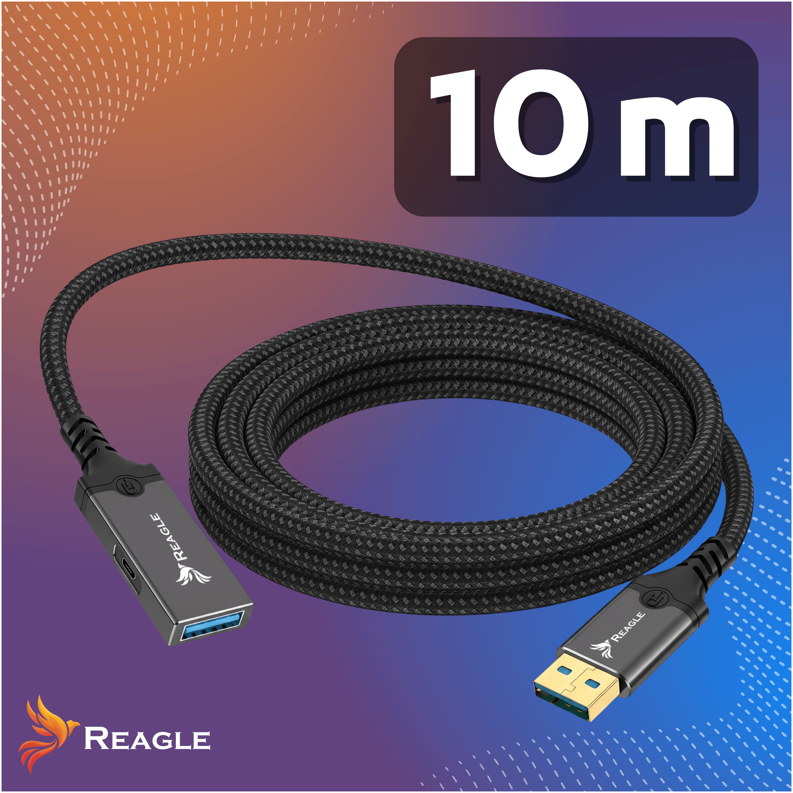 Un cable de extensión USB Reagle negro de 10 metros de largo, enrollado contra un fondo azul y rojo.