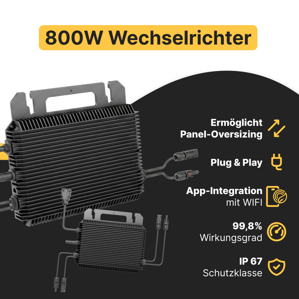 Ein 800W Solarwechselrichter mit Kühlrippen, Kabeln und Funktionssymbolen auf dunklem Hintergrund.