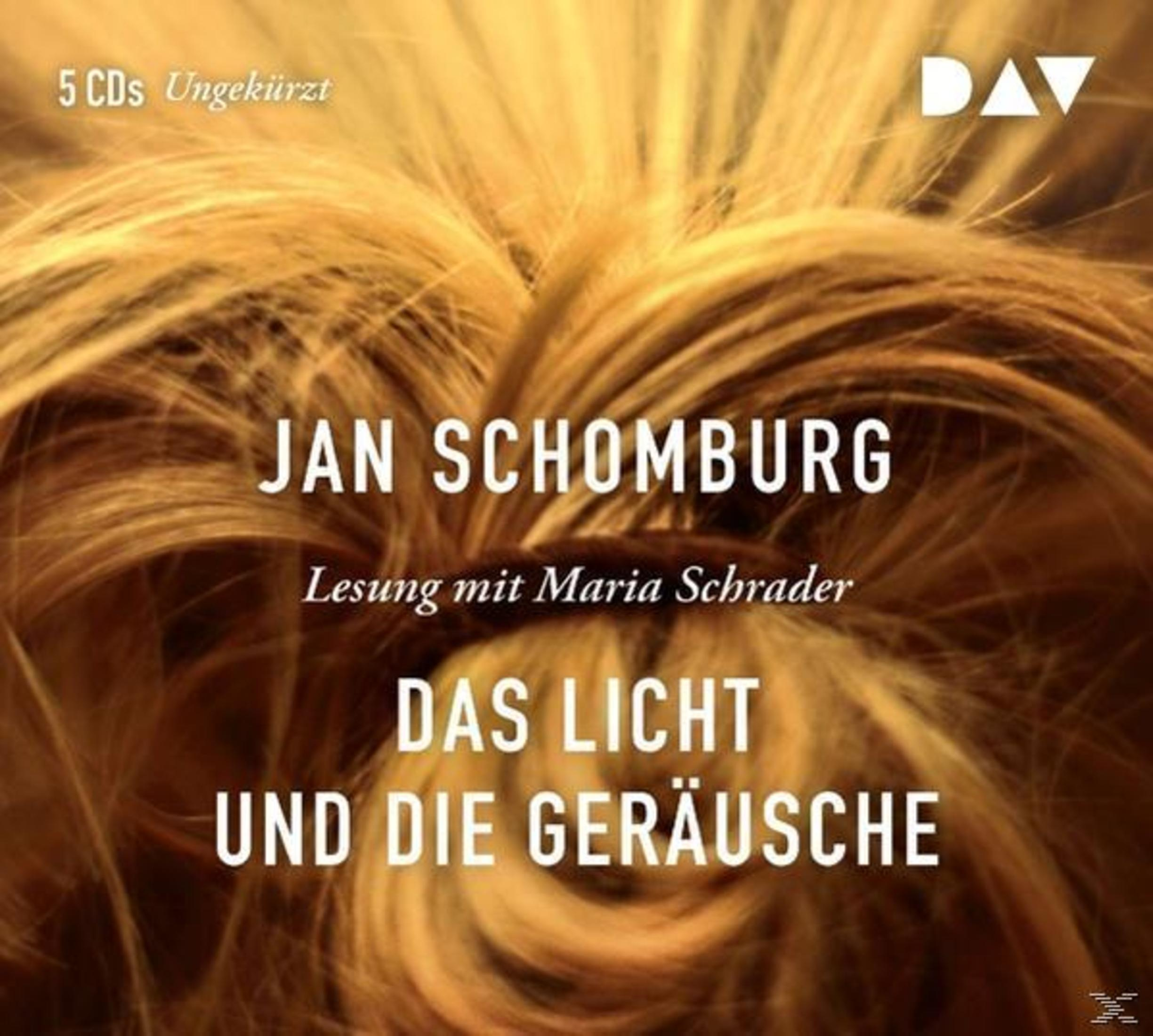 Hörbuch-Cover mit blondem Haar im Hintergrund und weißem Text: JAN SCHOMBURG, DAS LICHT UND DIE GERÄUSCHE.